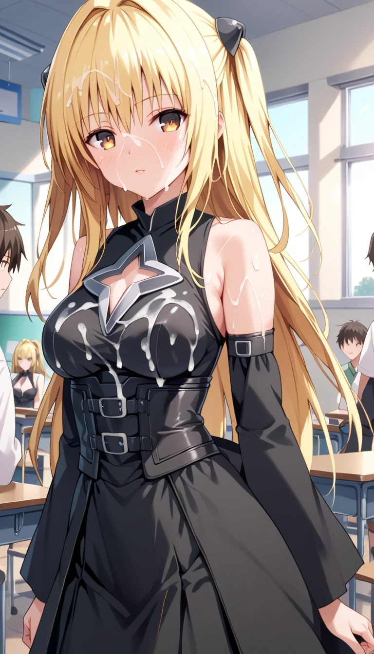 sleeveless, detached sleeves, dress, black dress, black skirt, clothing cutout, cleavage cutout,
master piece,Konjiki no Yami ,sfw, 1girl,2boy,looking at viewer, dutch angle, cowboy shot,(classroom:1.0) ,(bukkake:1.4)(ecstacy:1.2)
