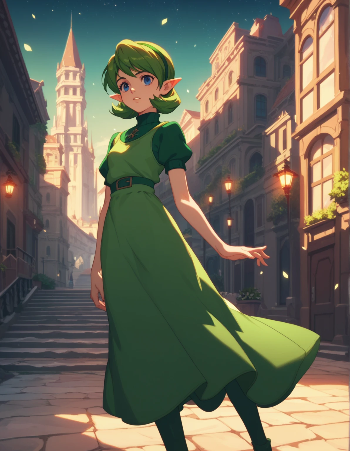 score_9,score_8,score_7,score_8_up,score_7_up,score_6_up, source_anime, anime screencap, saria, green dress, beautiful, 1girl, city, night