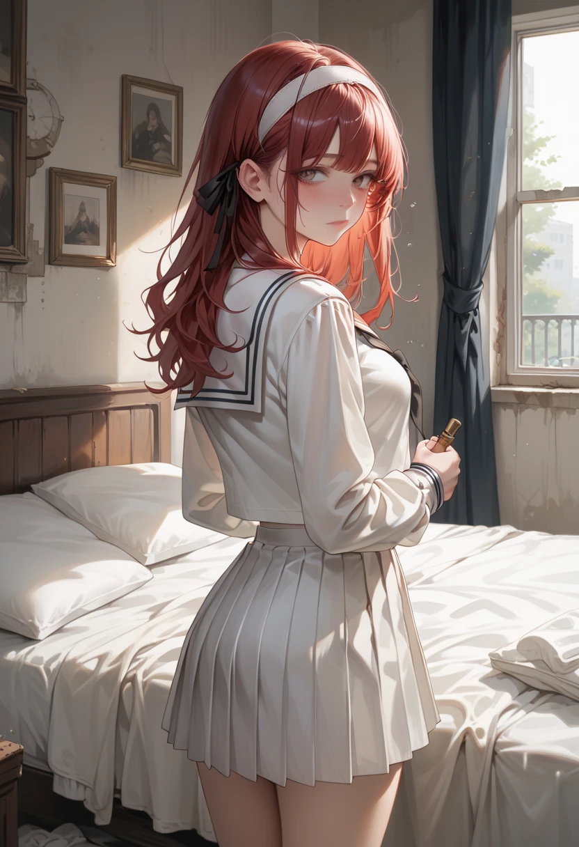  white sailor suit,  Long Sleeve ,  white short pleated skirt,  big black ribbon on chest ,  Abandoned Bedroom, red shoulder length hair,  The girl is wearing a white headband,  Tall Girl , medium breasts, standing, looking back, girl is drunk, 