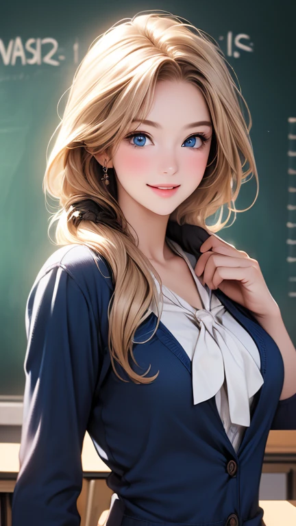   super high res  、  top quality 、masterpiece:1.2、Realistic headshot，  Beautiful woman alone in a school building  、２５age、  school teacher  、 blondes、  blue eyes、Navy Suit、  School classroom、   cute pose 、  blackboard  、smile、(( Only the upper body is depicted ))、((  female close-up  ))