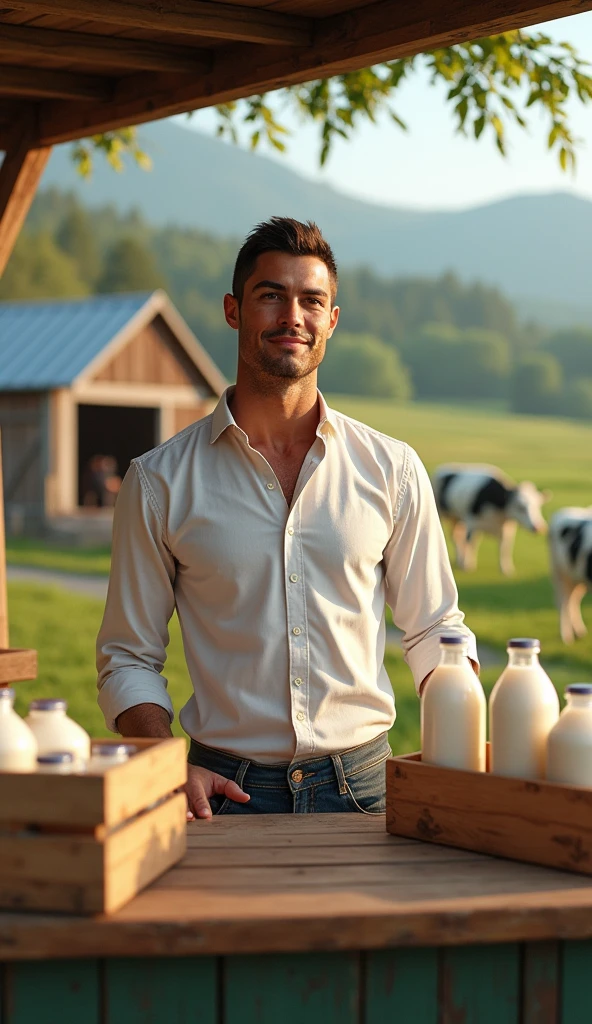 A handsome young man with a beautiful face, fair skin, soft skin, skinny, short black hair, shirtless, carrying milk on his shoulder. 