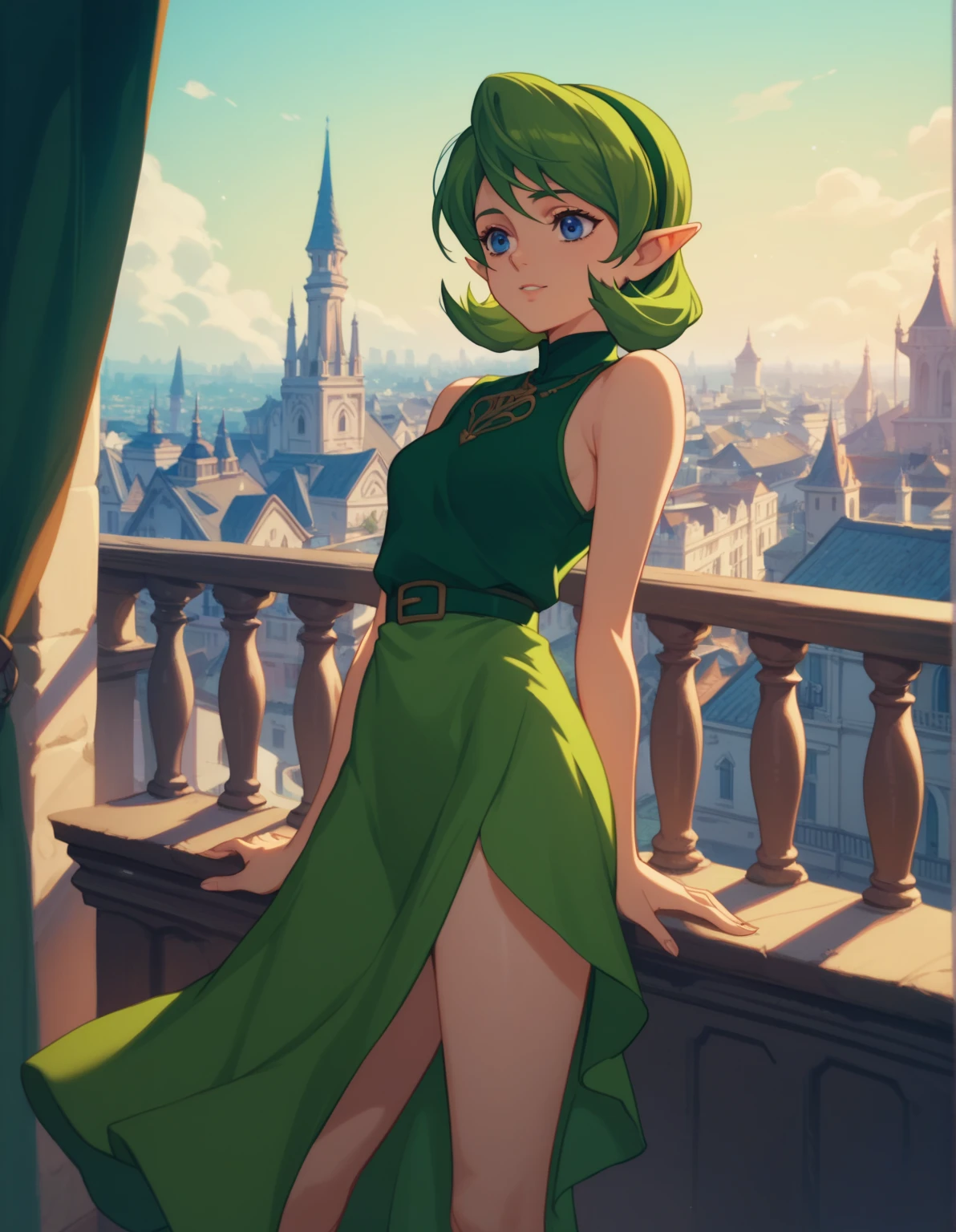 score_9,score_8,score_7,score_8_up,score_7_up,score_6_up, source_anime, anime screencap, saria, sleeveless green dress, beautiful, sexy, 1girl, city, night