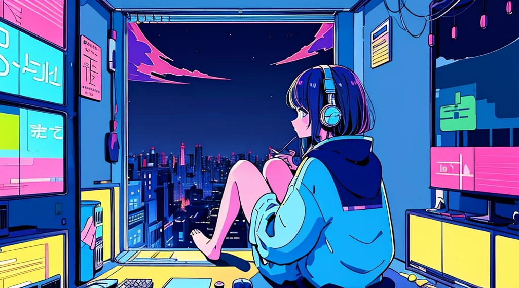 (from behind), Anime girl sitting in front of a computer in a cozy bedroom, Girl listening to music while studying in a cozy room (night), Using headphones, on the roof, (beautiful night views from windows), lots of things, 2D anime style, The aesthetics of anime in the 90s, lo-fi,  long hair, very detailed, Hard disk, A mix of anime style and Fujifilm, surreal, 8K, masterpiece, violet eyes,black gloves, round glasses, long sleeves,violet hair, round glasses, Flat Chest, smile