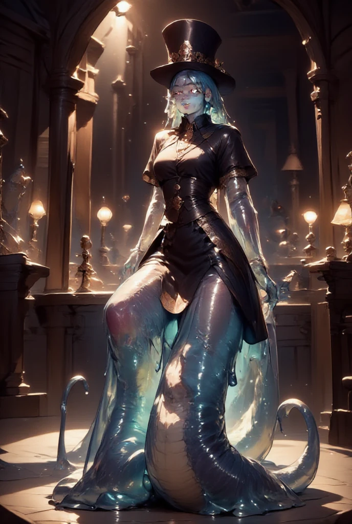 In a dimly lit, mahogany-paneled gentlemen's club, a striking Lamia-Slime Girl sits elegantly, her slender transparent figure encased in a fitted waistcoat and adorned with a stylish top hat. Her eyes peer out from behind gleaming spectacles, exuding an air of sophistication and mystery. Her snake body and tail extend back through the club, dripping slime.