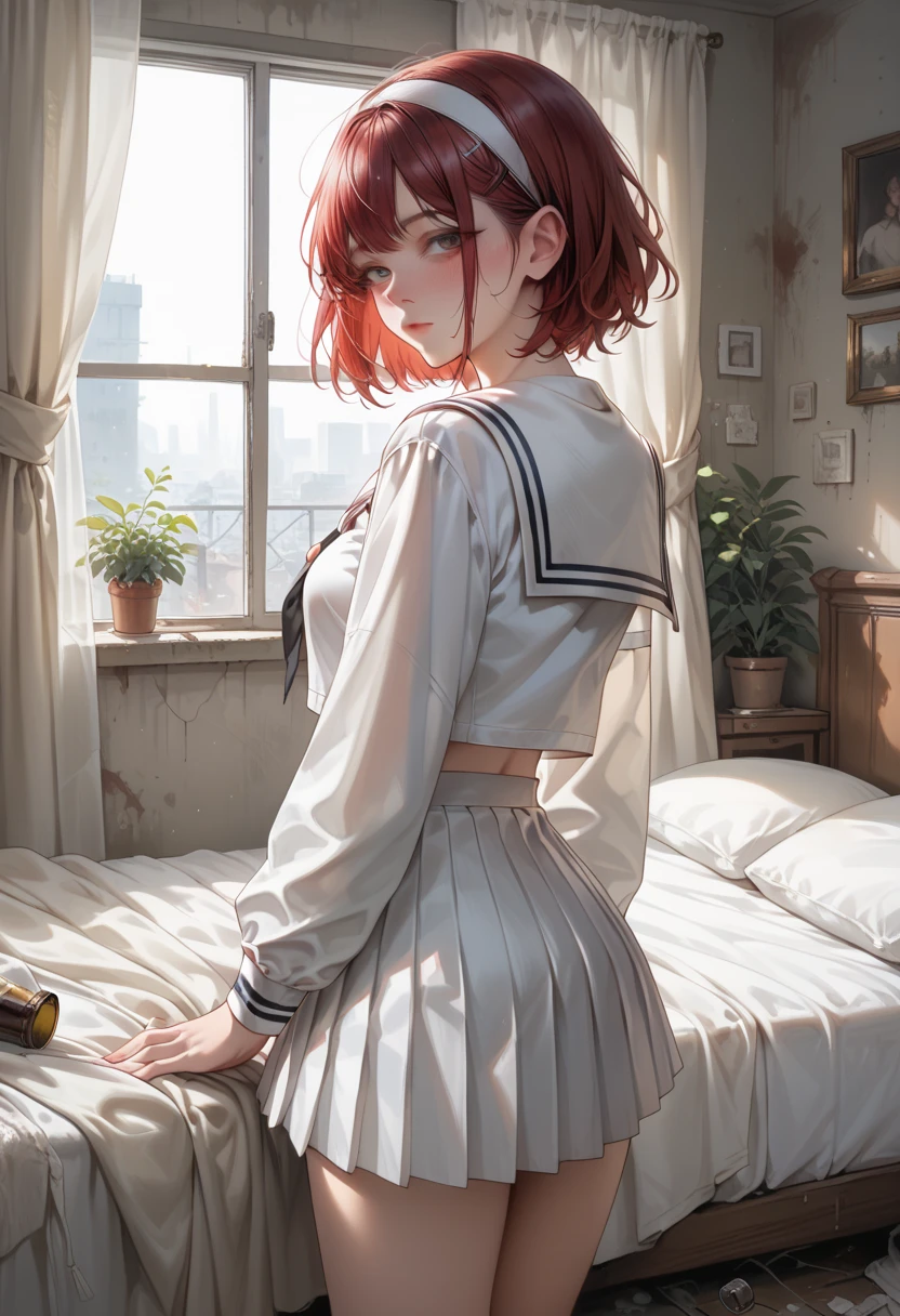  white sailor suit,  Long Sleeve ,  white short pleated skirt,  big black ribbon on chest ,  Abandoned Bedroom, red short hair,  The girl is wearing a white headband,  Tall Girl , medium breasts, standing, looking back, girl is drunk, 