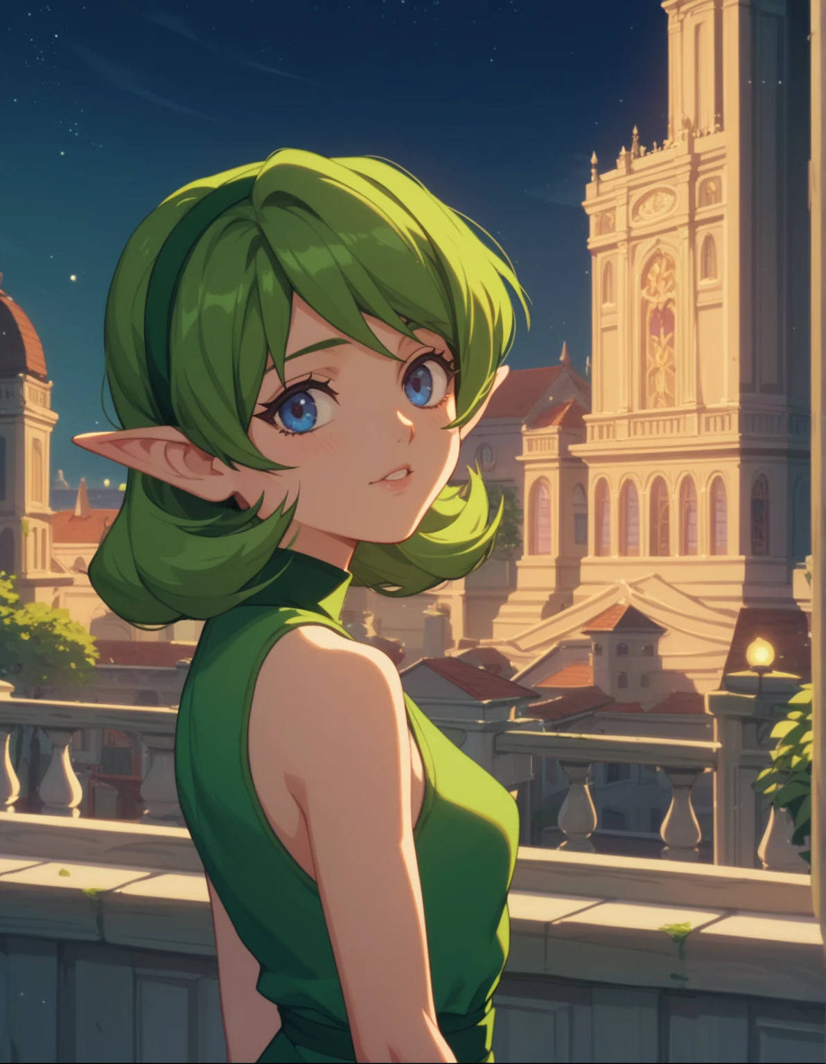 score_9,score_8,score_7,score_8_up,score_7_up,score_6_up, source_anime, anime screencap, saria, sleeveless green dress, beautiful, sexy, 1girl, city, night