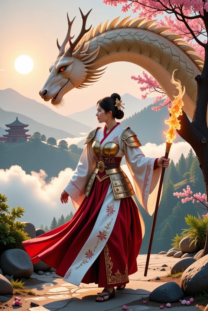 A 3D ultra-realistic scene in 8K resolution featuring a stunning 3rd-century Japanese warrior mage, embodying beauty and strength. She wears intricately detailed armor of silver and crimson, adorned with sakura flower patterns and dragons, symbolizing resilience and protection. Her flowing kimono-like robe in shades of deep red and white, embroidered with golden threads, sways gracefully with every step. Her hair is styled in an elegant traditional updo, decorated with gold hairpins. In her right hand, she wields a glowing staff, topped with a delicate crane-shaped ornament, radiating ethereal energy.

Beside her, soaring gracefully, is a colossal mystical creature—a majestic, mythical Kirin, a creature resembling a unicorn with deer antlers and scales that shimmer in vibrant hues of gold and green. The Kirin exudes a divine aura of purity and strength, with its large, luminous wings casting a soft, protective glow over the mage.

The background is an enchanting Japanese landscape, with mist-covered mountains, ancient temples surrounded by cherry blossoms, and a soft pink sunrise casting a magical light over the scene. Cinematic lighting highlights the radiant glow of the mage’s staff and the awe-inspiring presence of the Kirin, creating a perfect harmony of beauty, mysticism, and strength.
