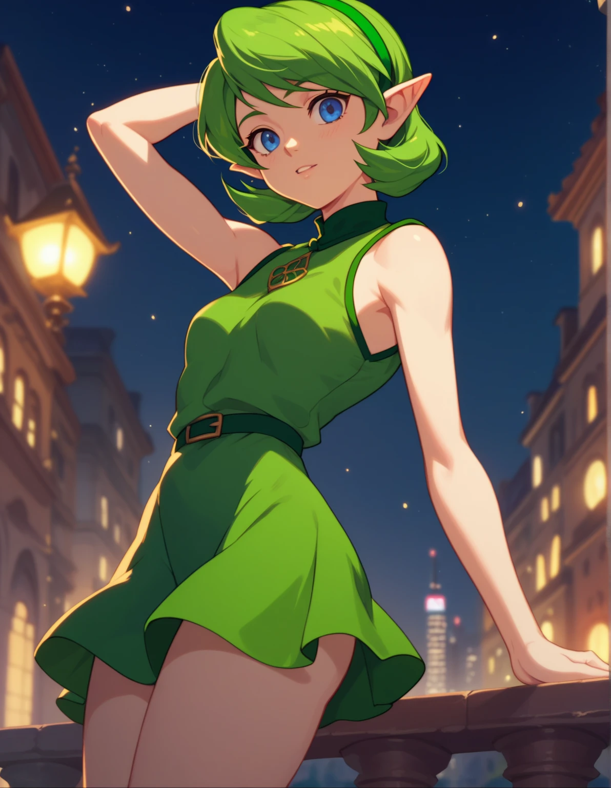 score_9,score_8,score_7,score_8_up,score_7_up,score_6_up, source_anime, anime screencap, saria, sleeveless green dress, beautiful, sexy, 1girl, city, night