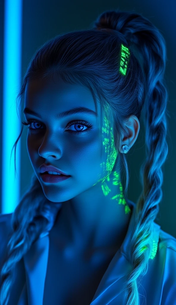 This is a highly stylized, digital illustration of a young woman with a striking, futuristic aesthetic. She has a light skin tone and is depicted in profile, with her face illuminated by a cool blue and neon green light. Her hair is styled in intricate, high braids that are dyed with neon green and blue hue text "CIVITAI", creating a vibrant, almost holographic effect. 
Her eyes are large and expressive, with well-defined, thick eyelashes and subtle makeup that enhances her features.
 