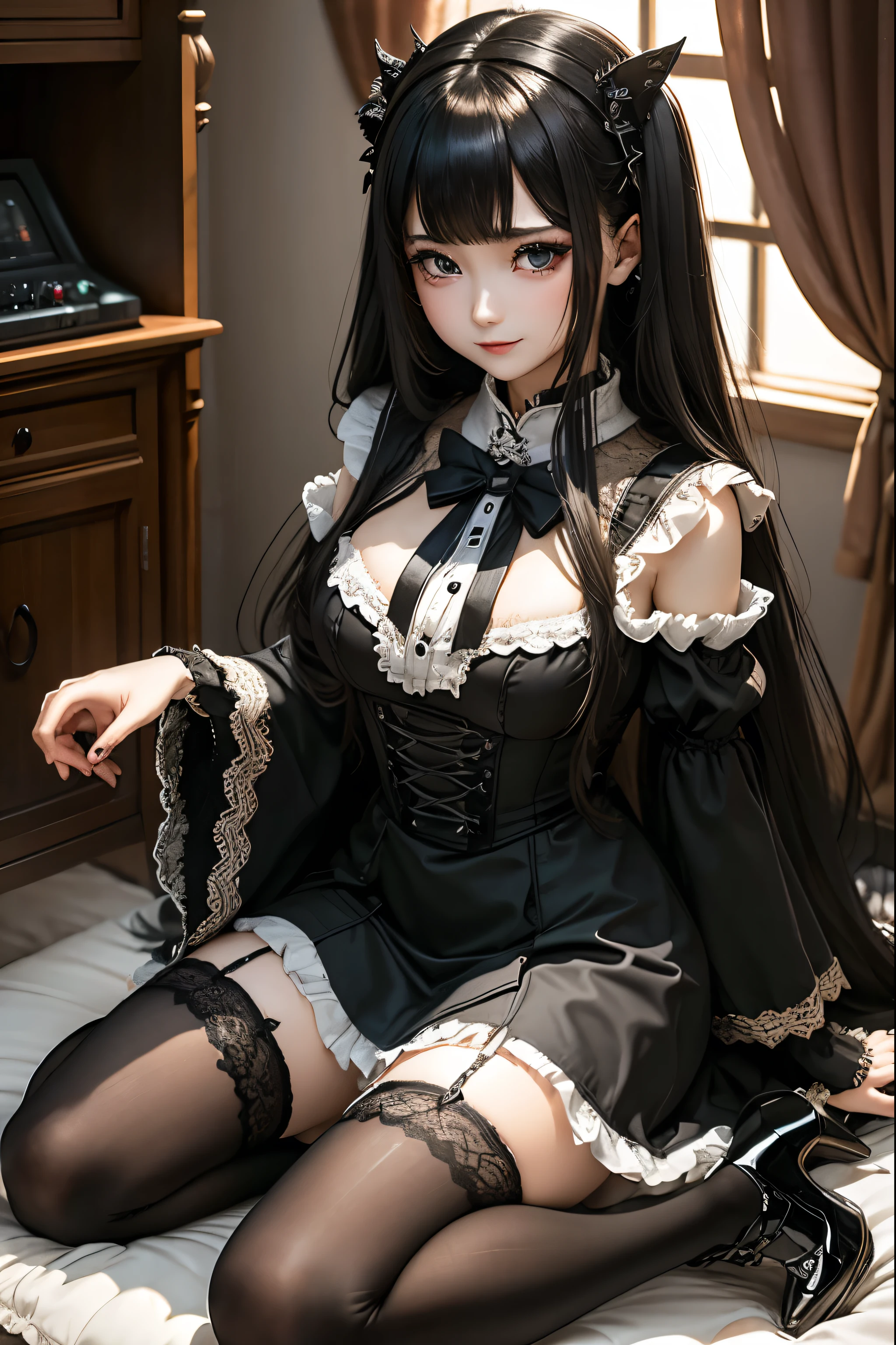 A beautiful gothic lolita girl, silky black hair in braids, blue eyes, thin lips, round face, small flat breasts, 18 year old lolita, wearing gothic style clothes relaxing