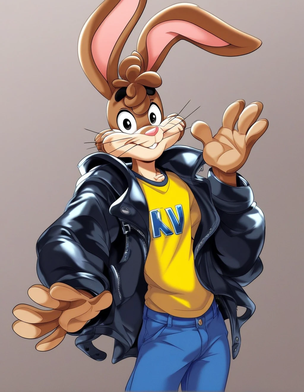 zPDXL3,quicky,4 fingers,brown fur,pants, yellow shirt, black leather greaser jacket, standing, young adult, cute version of quicky, cute rabbit hair, furry, rabbit, male, gay, femboy, handsome, two extremely handsome rabbits standing by side, slim,solo,looking_at_viewer,