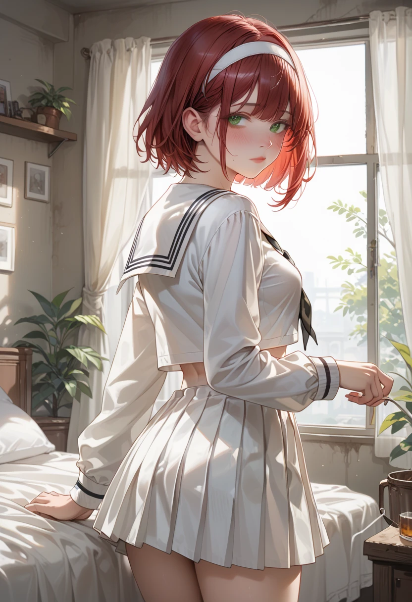  white sailor suit,  Long Sleeve ,  white short pleated skirt,  big black ribbon on chest ,  Abandoned Bedroom, red short hair,  The girl is wearing a white headband,  Tall Girl , medium breasts, standing, looking back, girl is drunk, lift her skirt, Green panties