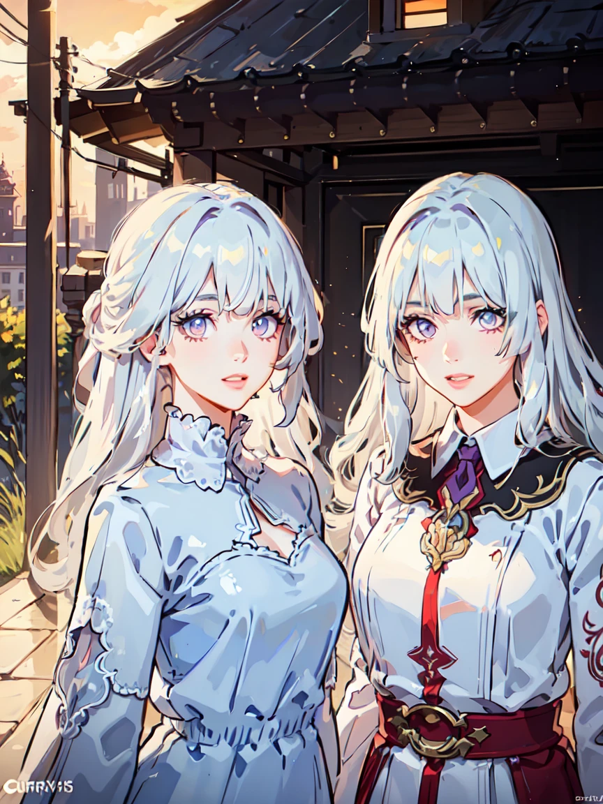 1girl, silver white hair, violet iris and light blue pupil, curvilinear body, wearing a long dress on a house, full body, photorealistic, detailed face, extremely detailed, high resolution, masterpiece, beautiful detailed eyes, beautiful detailed lips, long eyelashes, sunset, warm lighting, vibrant colors, full-body image