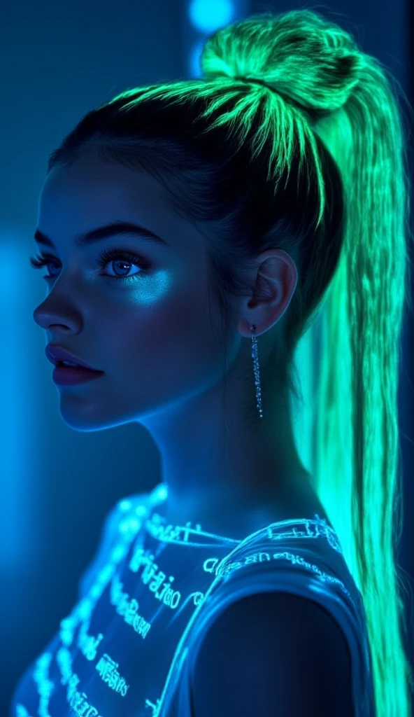 This is a highly stylized, digital illustration of a young woman with a striking, futuristic aesthetic. She has a light skin tone and is depicted in profile, with her face illuminated by a cool blue and neon green light. Her hair is styled in intricate, high braids that are dyed with neon green and blue hue text "CIVITAI", creating a vibrant, almost holographic effect. 
Her eyes are large and expressive, with well-defined, thick eyelashes and subtle makeup that enhances her features.
 