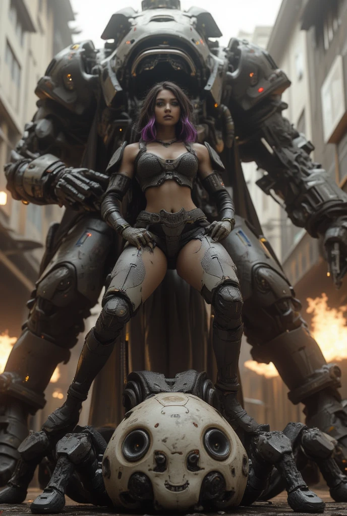  Realistic High resolution photograph using rule of thirds , artistic front photograph of  (( naked of a young woman ))  Mexican Latin motifs of incomparable beauty  , Gothic lace and leather and parts of robotic armor  , with chains,  Peaks and Many Jewels , silver jewelry ,  hair with dark dreadlocks and purple tips ,  long legs , tattooed with Aztec ; She in attack pose seen 3 / 4 stepping on the bony skull of an imposing and giant Quetzalcoatl . Behind her huge mecha robot inspired by  ((  warrior Tolteca Atlante de Tula  ))  angular shapes in an attack pose as guardian and raising his hand with the macahutl with fire similar to a Xihucoatl, rusty black and gray metallic armor ,  intricate Toltec and Aztec decoration , with lights, (with a lot of damage to armor ),  chains cables and loose pistons , destroyed parts , battle damage, (( with smoke and fire emanating from the body )), with weapons,  chimalli and macahuitl on her hands  ,  Feather helmet ,  Toltec and Aztec ornaments  .  In a background of destroyed apocalyptic Tenochtitlán and Aztec pyramids , Fire and torches  . Robot Mecha Atlante  .  At night with fire-illuminated rays and torches , gloomy and gloomy atmosphere . Battle damage in armor and smoke .