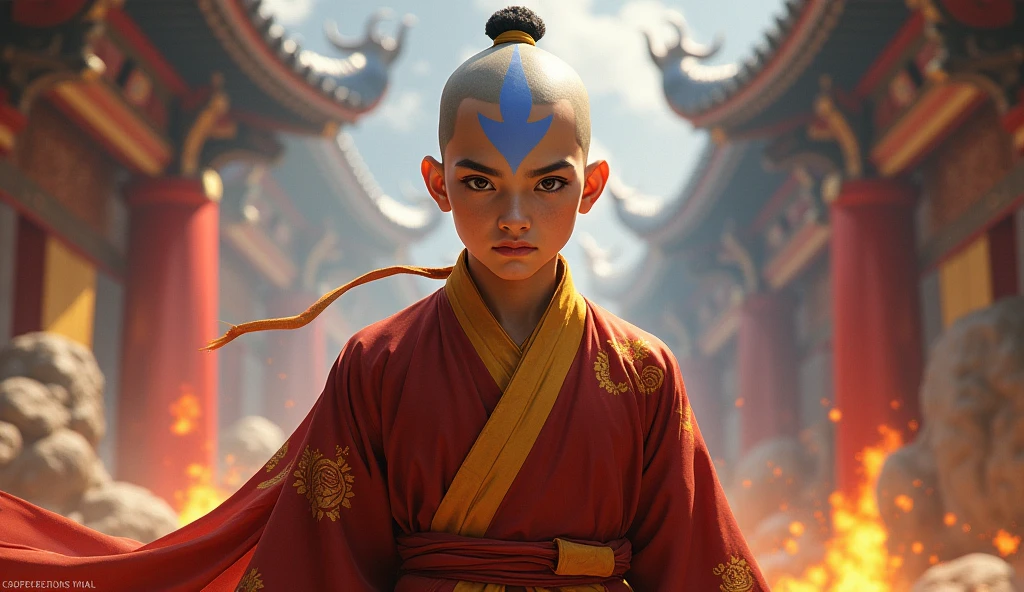 AangAv, solo, 1 boy, Tibetan, light skin, gray eyes, bald, blue arrow, orange and yellow robes, at the temple