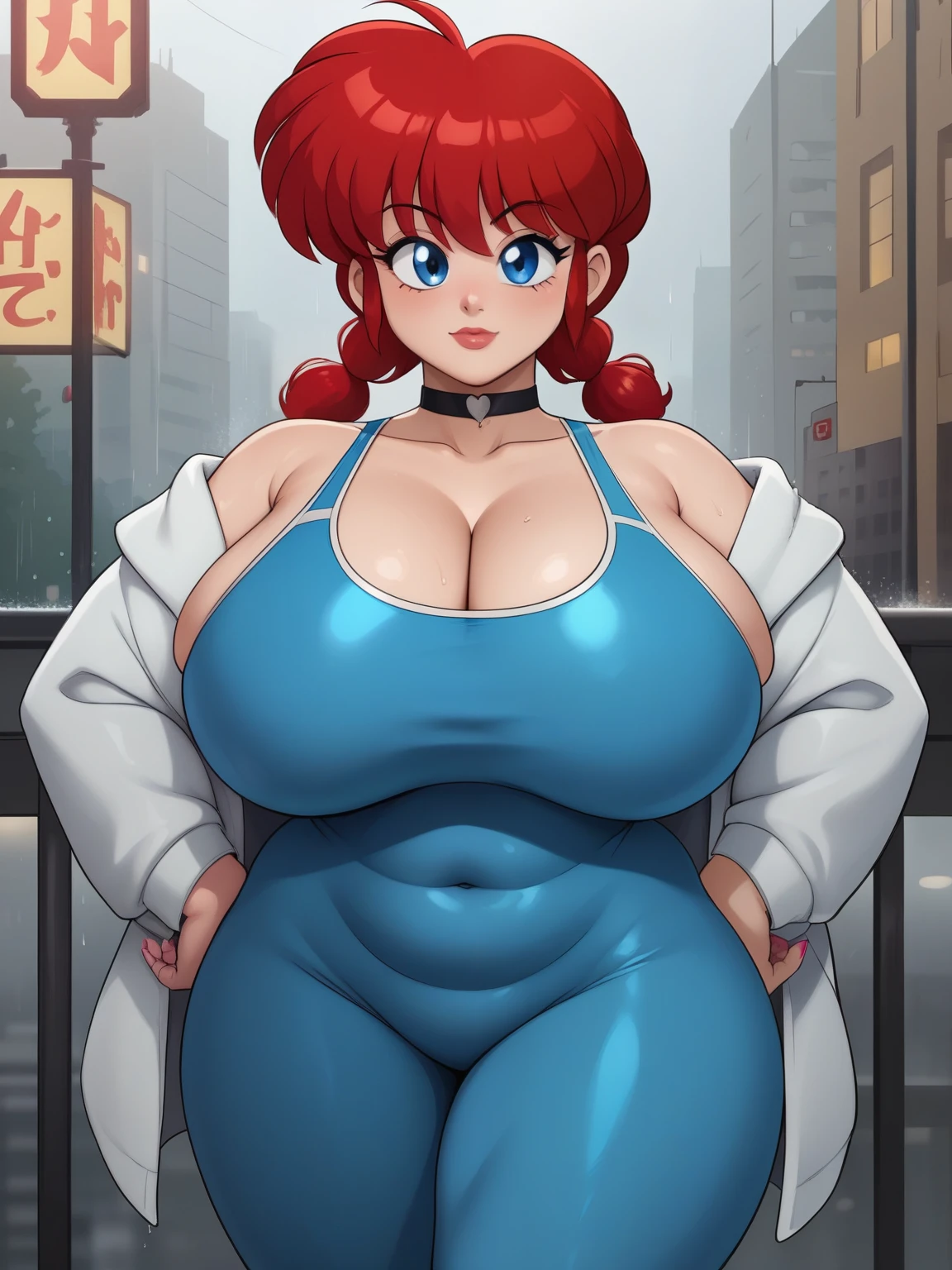 Ranma Saotome. red hair. blue eyes. pigtail. huge saggy breasts. hige hips. bbw. choker. one-piece swimsuit. suit. black eyeliner. pink manicure. city. rain. 
