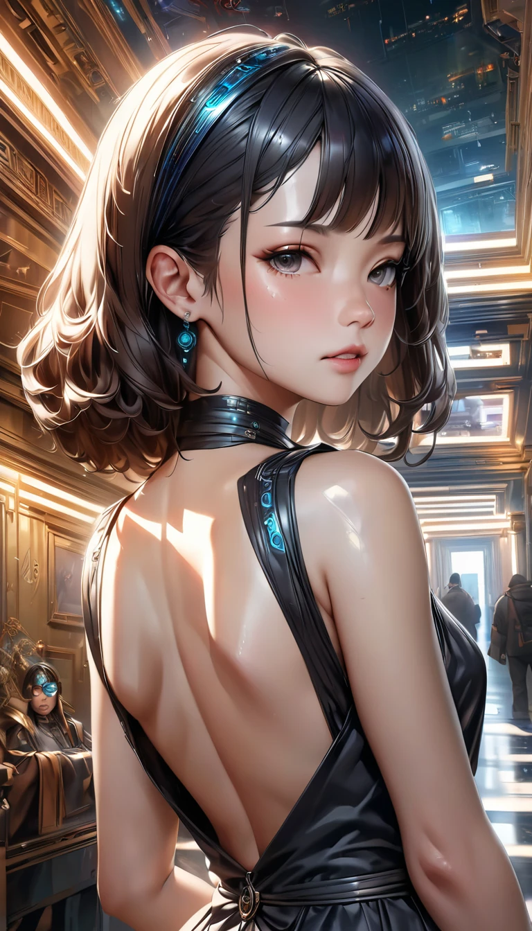 Realistic Portrait ,   8K Portrait Rendering  ,  realistic face 、 A black dress with an open back  ,   cyberpunk art ultra-real 8K  ,  hyperrealistic digital art 4K , Realistic digital art invited to a lavishly decorated palace。