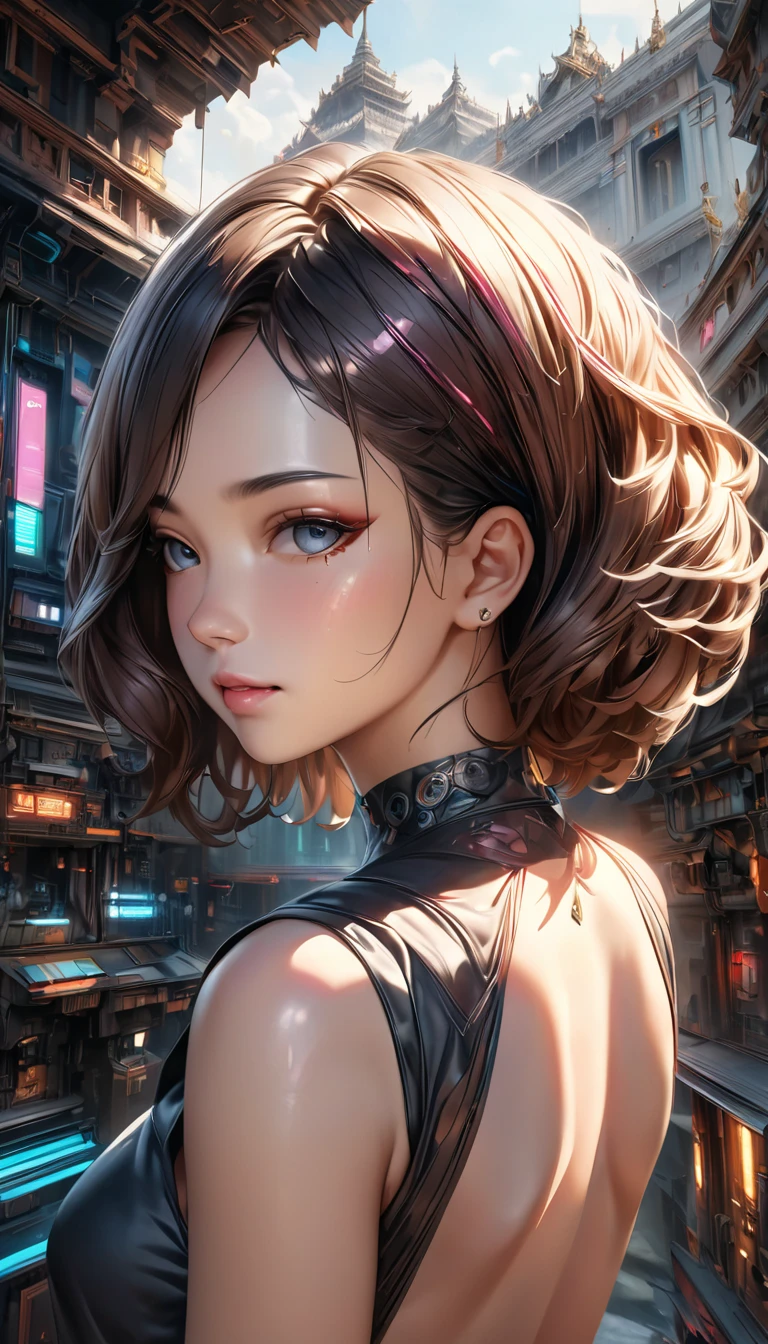 Realistic Portrait ,   8K Portrait Rendering  ,  realistic face 、 A black dress with an open back  ,   cyberpunk art ultra-real 8K  ,  hyperrealistic digital art 4K , Realistic digital art invited to a lavishly decorated palace。