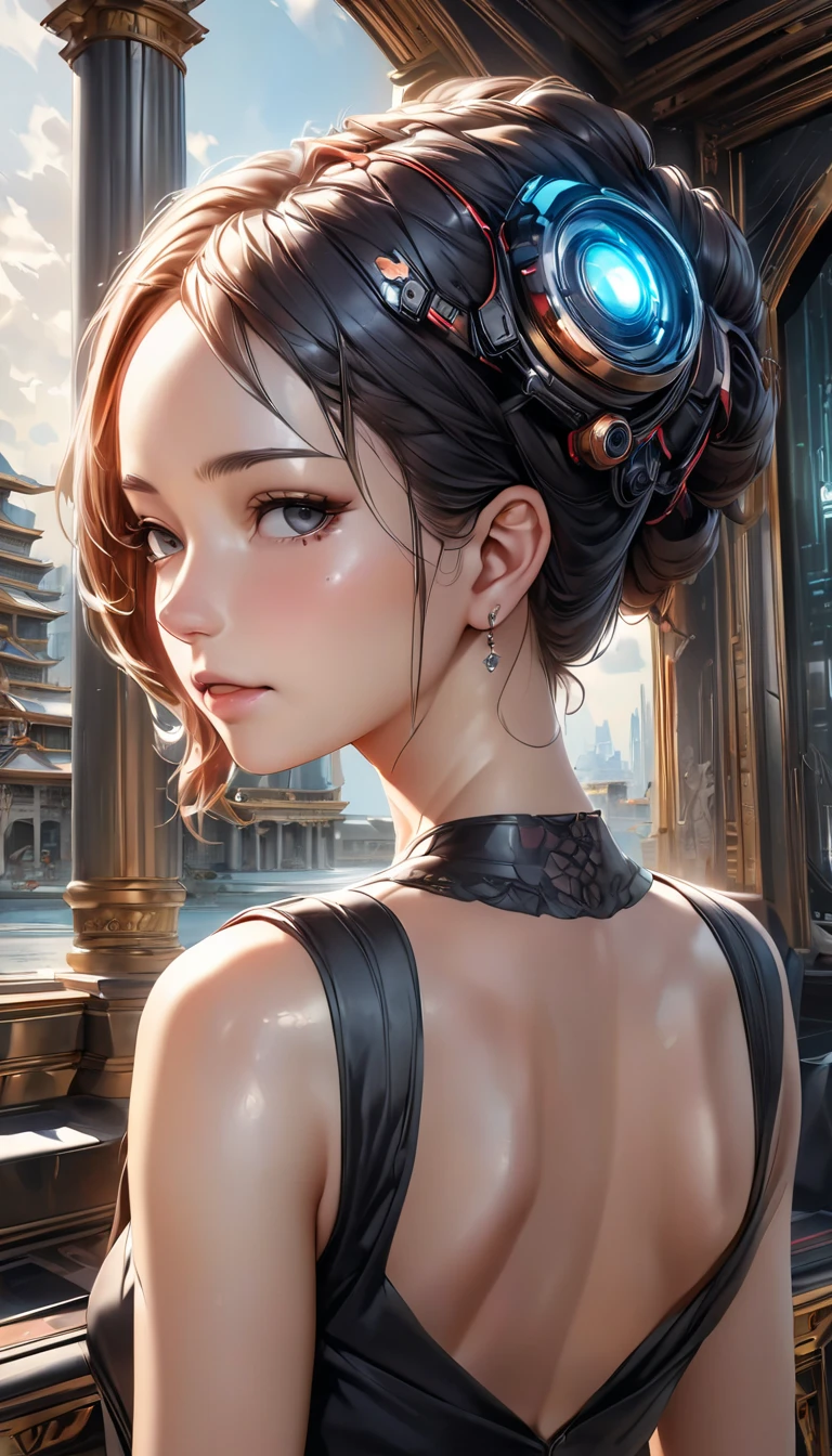 Realistic Portrait ,   8K Portrait Rendering  ,  realistic face 、 A black dress with an open back  ,   cyberpunk art ultra-real 8K  ,  hyperrealistic digital art 4K , Realistic digital art invited to a lavishly decorated palace。