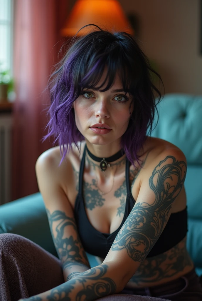 girl, idol, electric guitar, cozy fireplace, collarbone, neck tattoo, belly tattoo, photo, film, depth of field, skin texture, topknot, short hair, messy hair, purple hair, tattoos, stay-ups, clothes