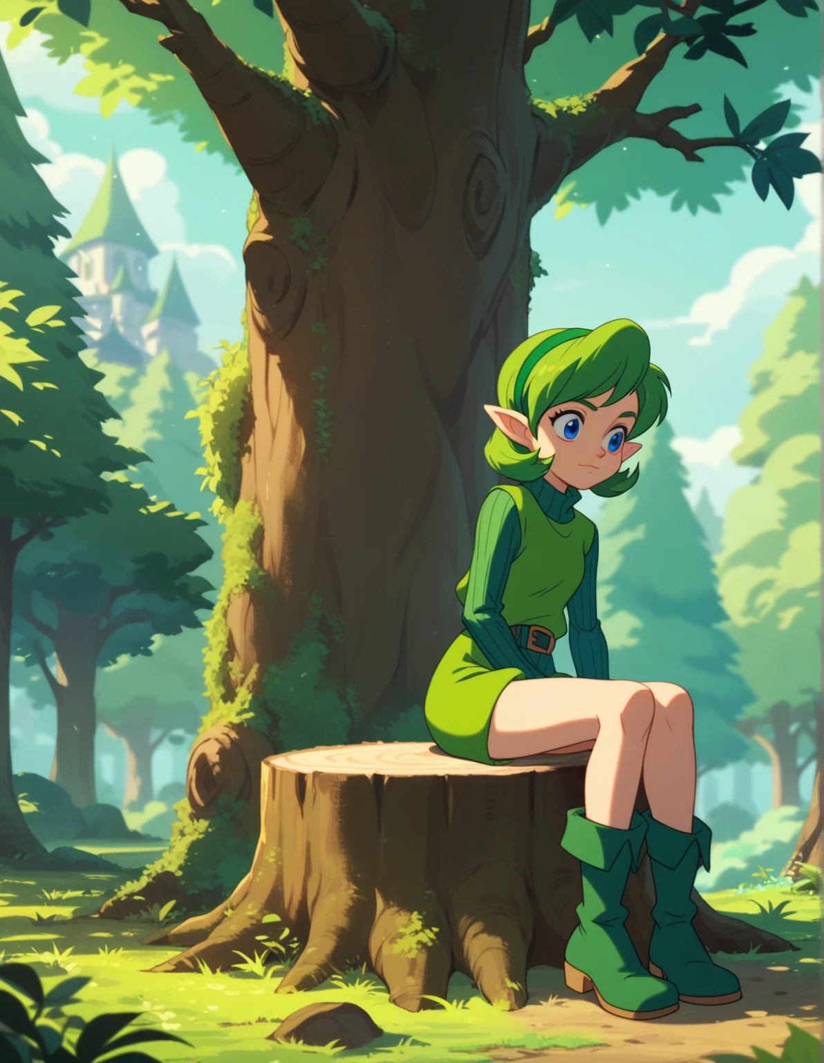 score_9,score_8,score_7,score_8_up,score_7_up,score_6_up, source_anime, anime screencap, saria, sweater,turtleneck,ribbed sweater,boots,belt,green footwear, 1girl, sitting on tree stump, forest, disney princess