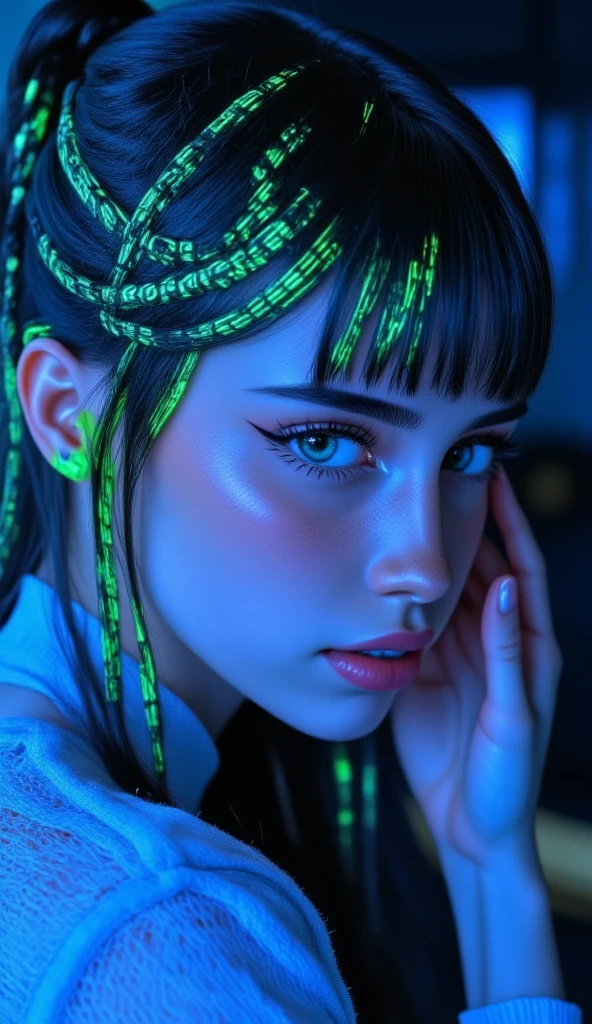 This is a highly stylized, digital illustration of a young woman with a striking, futuristic aesthetic. She has a light skin tone and is depicted in profile, with her face illuminated by a cool blue and neon green light. Her hair is styled in intricate, high braids that are dyed with neon green and blue hue text "CIVITAI", creating a vibrant, almost holographic effect. 
Her eyes are large and expressive, with well-defined, thick eyelashes and subtle makeup that enhances her features.
 