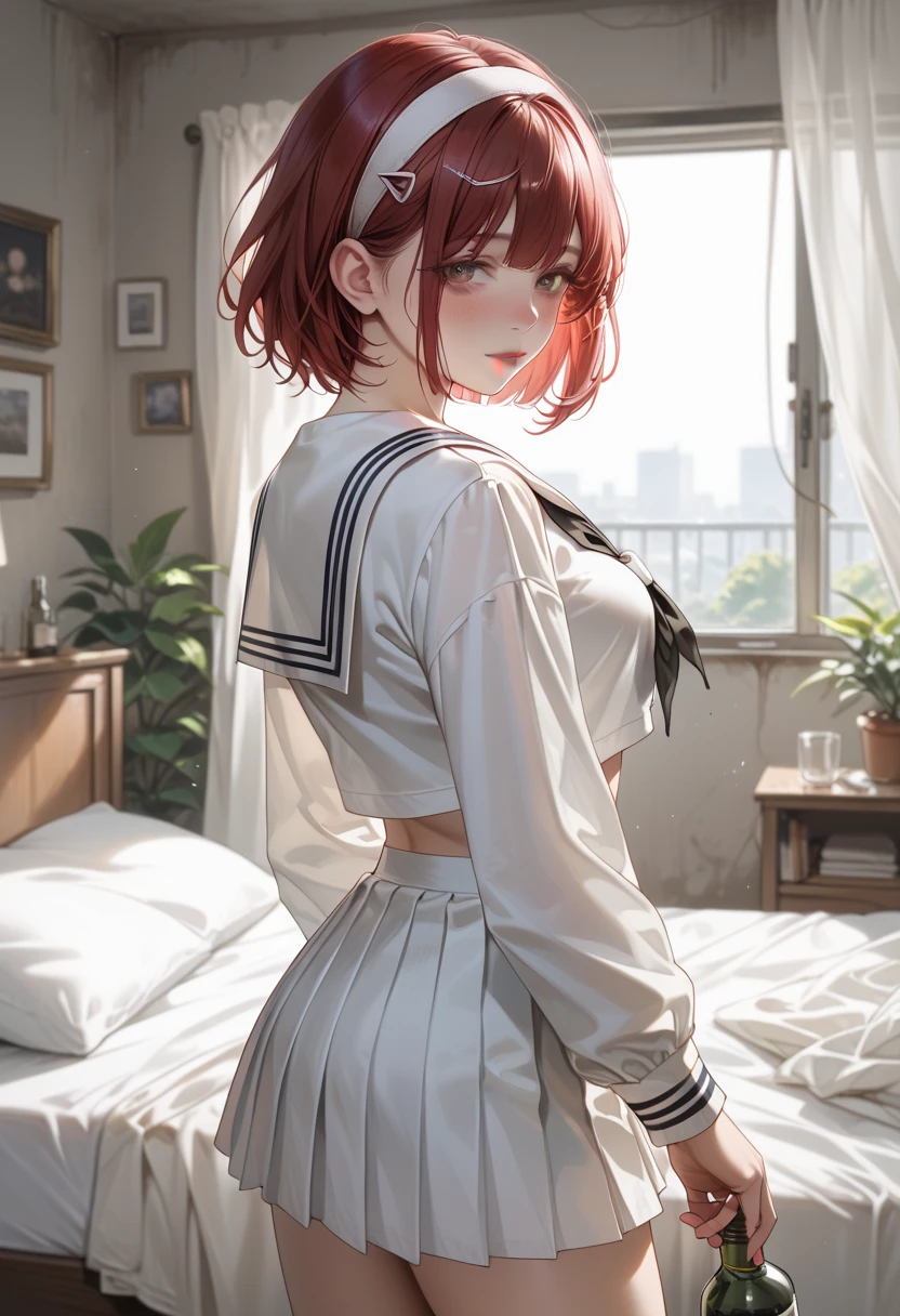  white sailor suit,  Long Sleeve ,  white short pleated skirt,  big black ribbon on chest ,  Abandoned Bedroom, red short hair,  The girl is wearing a white headband,  Tall Girl , medium breasts, standing, looking back, girl is drunk, a man's hand lift her skirt, Green panties