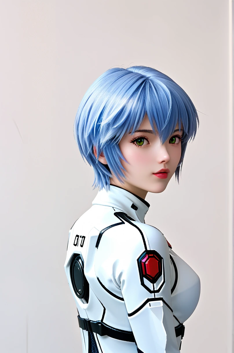 (  back shot  :1.3,Rei Ayanami、  plug suit 、,  1 girl ,,  green eyes, ,  short hair,  blue hair,