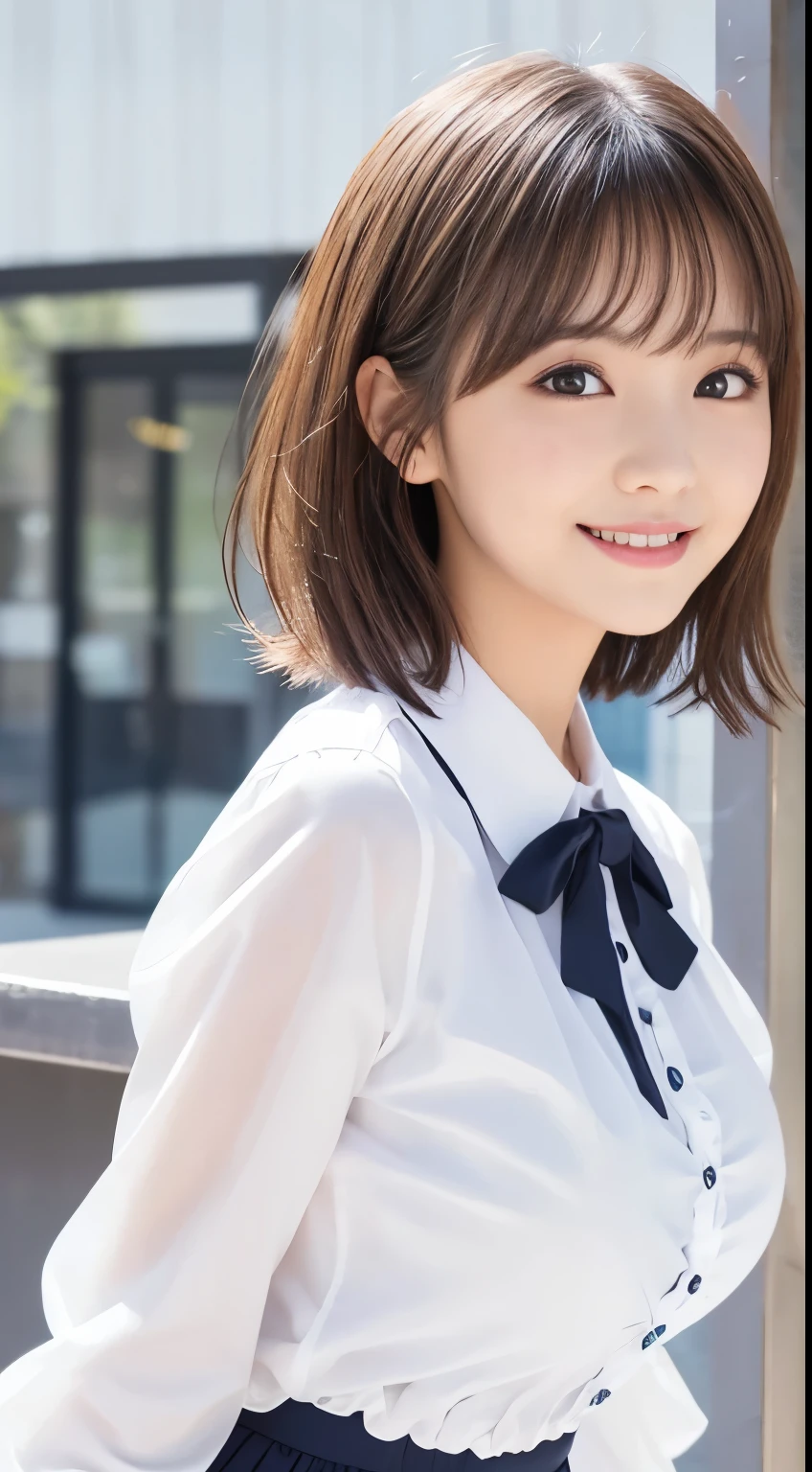 .................,, In front of school、 skirt 、white long-sleeved shirt with ruffles on the chest、格子柄 skirt 、On, , sakimichan,, cute and cute, , nice smile, sakimichan hdri、Lori、 boobs、Beautiful breasts 、,(Big Breasts:1.20),(:1)、 brown hair 、 brown hair の髪、、 short hair、Cute pose、 close your mouth