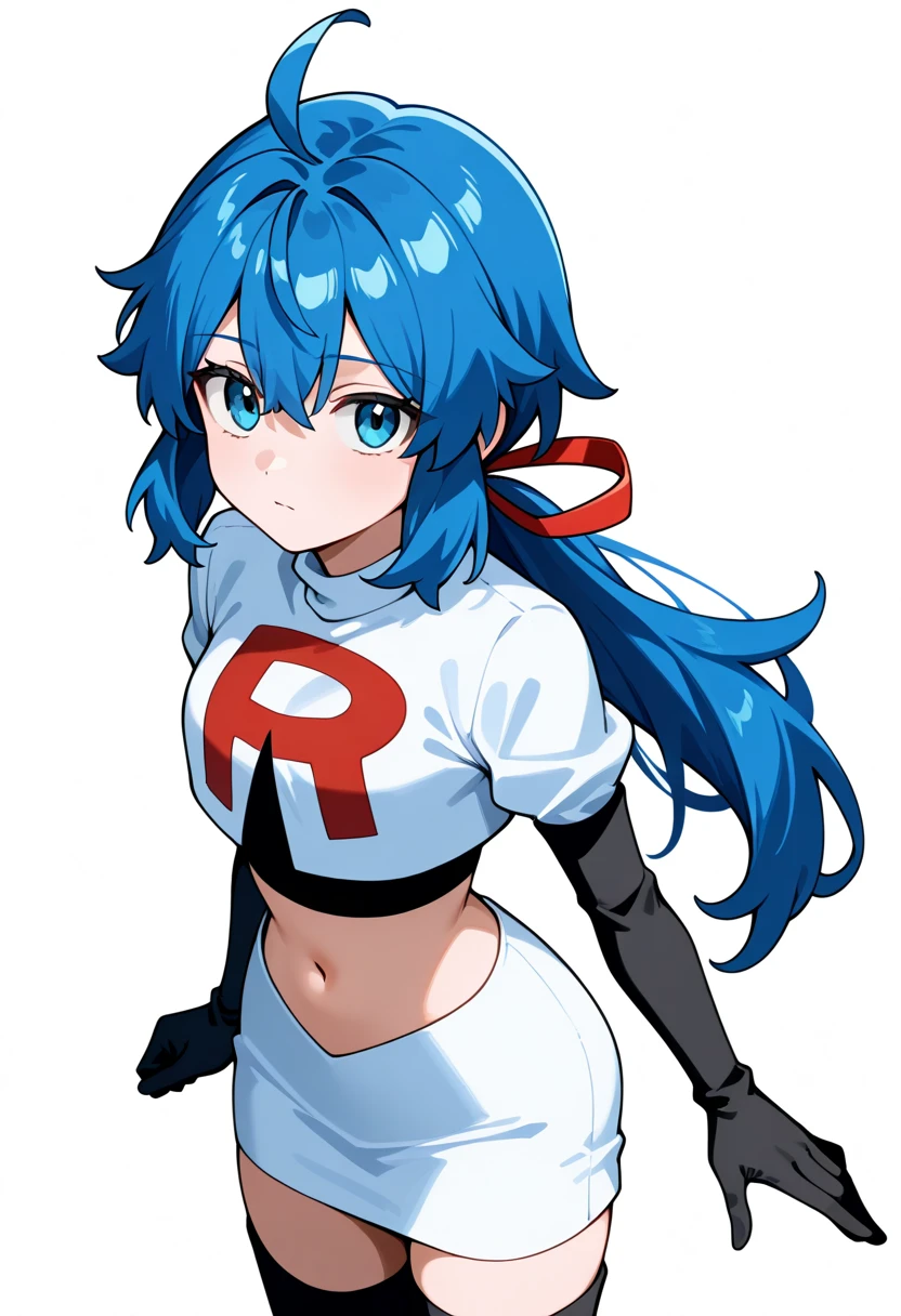 masterpiece, best quality, white background, looking the viewer, 
 1girl, blue hair, blue eyes, hair ribbon, ahoge, long hair, ponytail,  hair between eyes, red ribbon, navel, team rocket,team rocket uniform,white skirt,red letter R,crop top,black thigh-highs,black elbow gloves, cowboy_shot