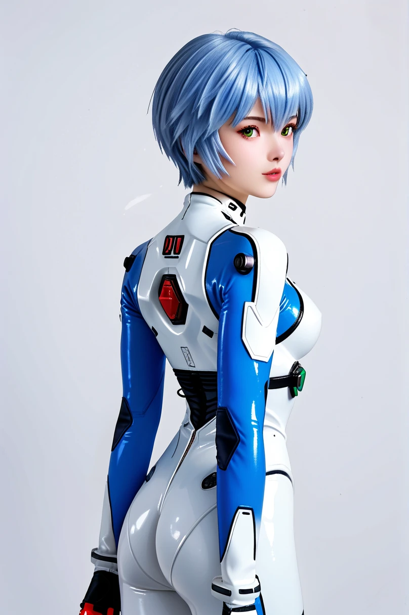 (  back shot  :1.3,Rei Ayanami、  plug suit 、,  1 girl ,,  green eyes, ,  short hair,  blue hair,