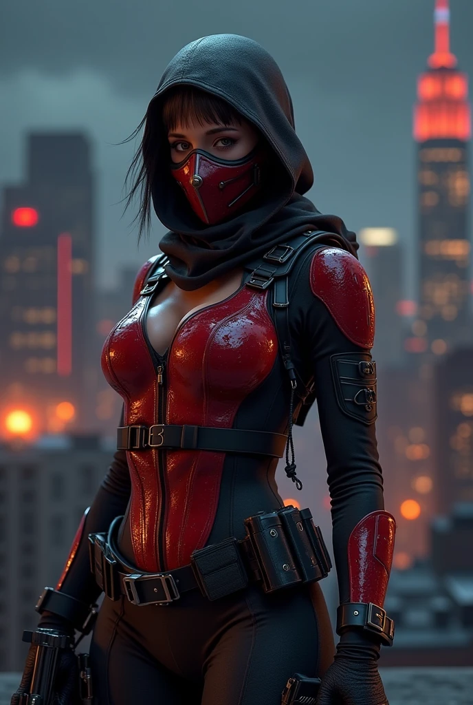 cyberpunk girl thief in black and red outfit, hood, futuristic mask, dynamic pose, looking at center camera, perfect composition, beautiful detailed intricate insanely detailed octane render trending on artstation, 8 k artistic photography, photorealistic concept art, soft natural volumetric cinematic perfect light, chiaroscuro, award - winning photograph, masterpiece, oil on canvas, raphael, caravaggio, greg rutkowski, beeple, beksinski, giger, trending on artstation, sharp focus, studio photo, intricate details, highly detailed, night city background, by greg rutkowski