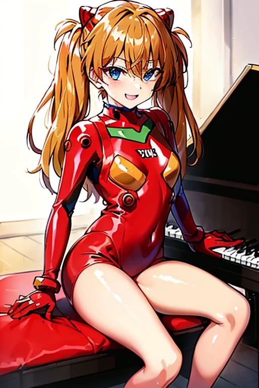 (( top quality )), ((masterpiece)), (be familiar with), perfect face, indoor, bedroom,  viewers because it's Shiragane in the middle of winter,
One woman,  Soryu Asuka Langley ,
開いた口,  ecstatic expression beside the piano, blush, smile,
 small tits,  flat chest, Young girl, Lori,  s,  girl,
 long hair,  twin tails,
Leg spread,