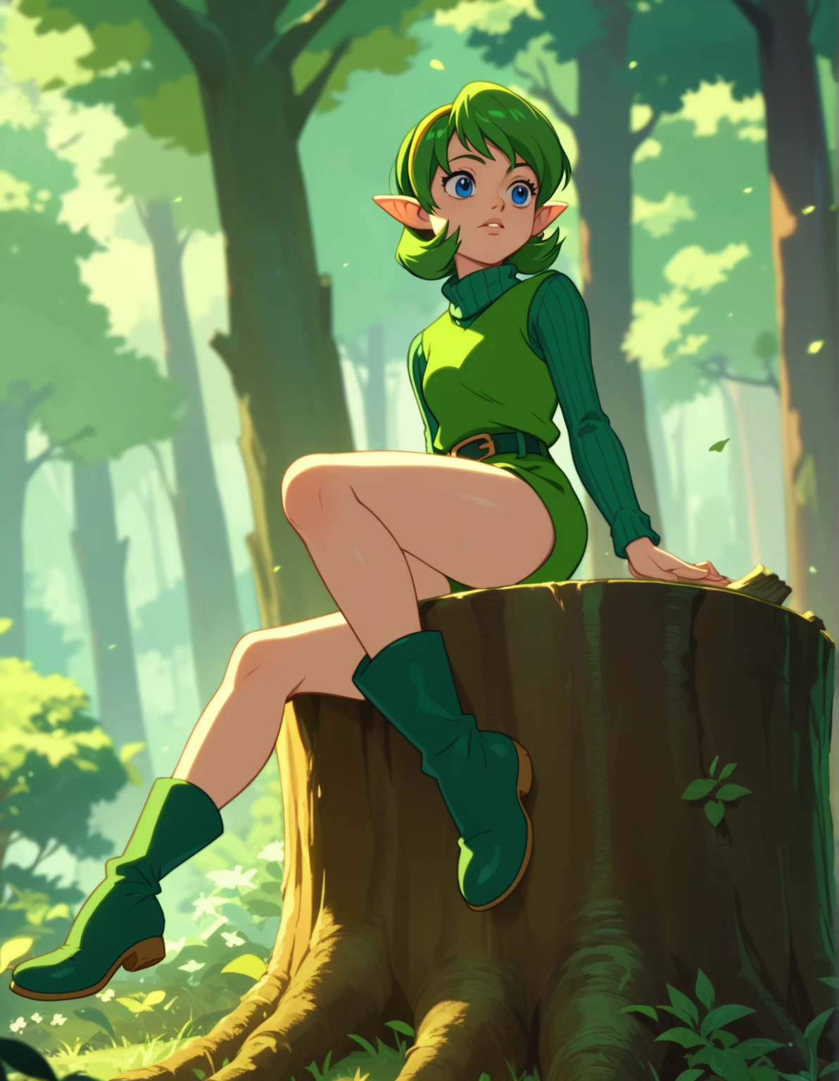 score_9,score_8,score_7,score_8_up,score_7_up,score_6_up, source_anime, anime screencap, saria, sweater,turtleneck,ribbed sweater,boots,belt,green footwear, 1girl, sitting on tree stump, forest, disney