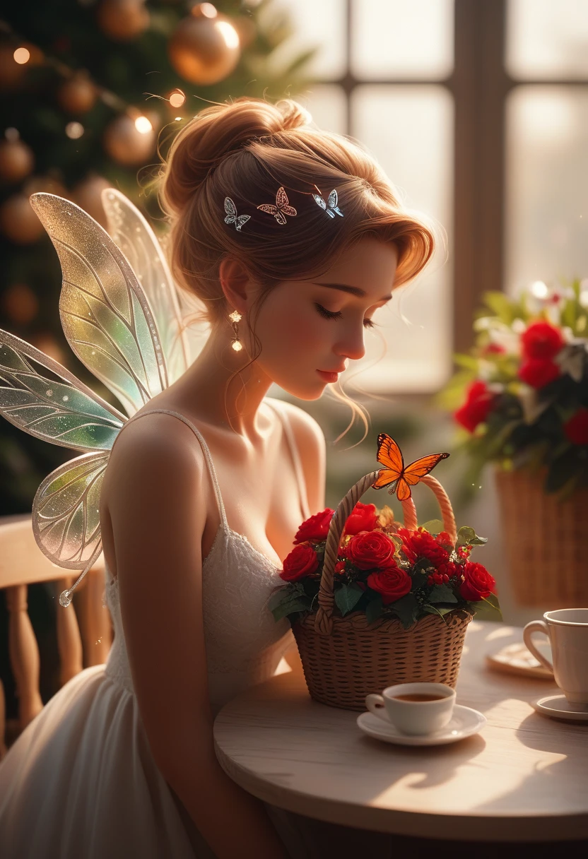 A charming beautiful breathtaking hanging basket filled with attractive colorful christmas flowers, a delicate transparente ribbon around the basket, babies breath to give a touch of elegance. A beautiful cup of hot capuccino coffee on a beautiful table, a bright shimmering lights blurry background, morning vibes, a single butterfly with transparent sparkling wings, elegance, serene, peaceful image, 8k, hd