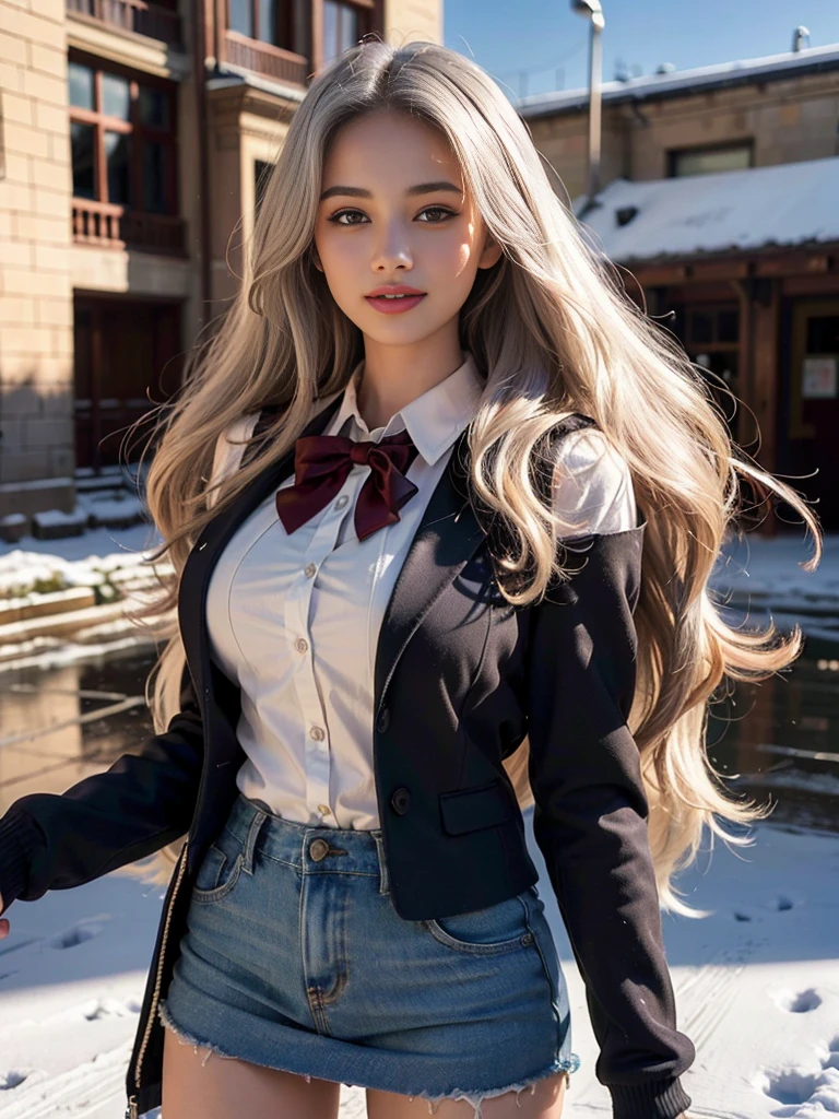 (Group photo of a trio of Russian schoolgirls with super beautiful white hair:1.2)( Arab sexiest woman )(Smiling:1.2)(16k,  RAW photos ,  top quality , masterpiece: 1.2),( has long, glossy wavy hair that is greatly tousled by the wind :1.1)  super detailed ,  Super Resolution, (Genuine, Genuine photos: 1.37),  portrait,  High Resolution RAW Color Photos,  Pro Pictures,  very detailed, 8k wallpaper,  very detailed CG Unity 8k wallpaper,  very detailed beautiful girl,  very detailed faces,( Tel Aviv in the blizzard :1.2)( tight school uniform:1.2)(whole body)( big boobs even though she's thin :1.1)(かわいいタイトな半袖School uniform style outfit:1.2)School uniform style outfit,light gray eyes,from side,Winter student coat ,