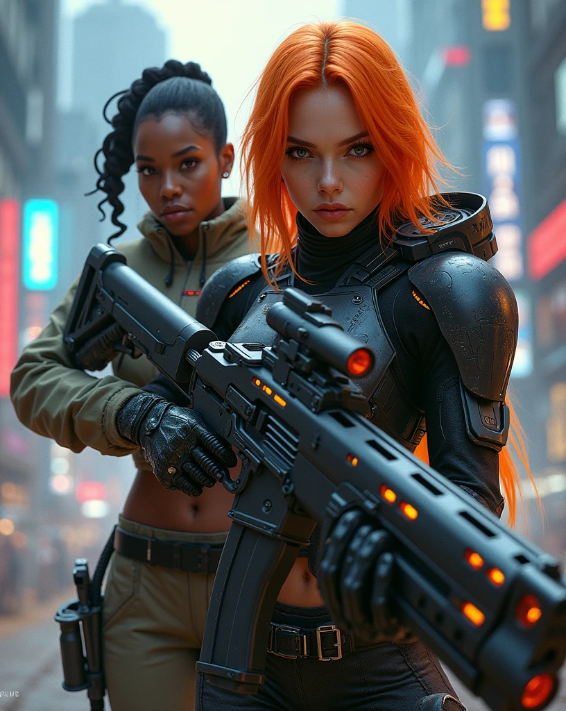 1 little girl, biomechanical in stealth suit, red stealth suit, long hair with red army berret, red hair, red eyes in left, black eyes in right, standing, holding gun mp7, in battlefield, starry background, night, high res, ultrasharp, ultra realistic, 8K, masterpiece, appealing, looking at sky