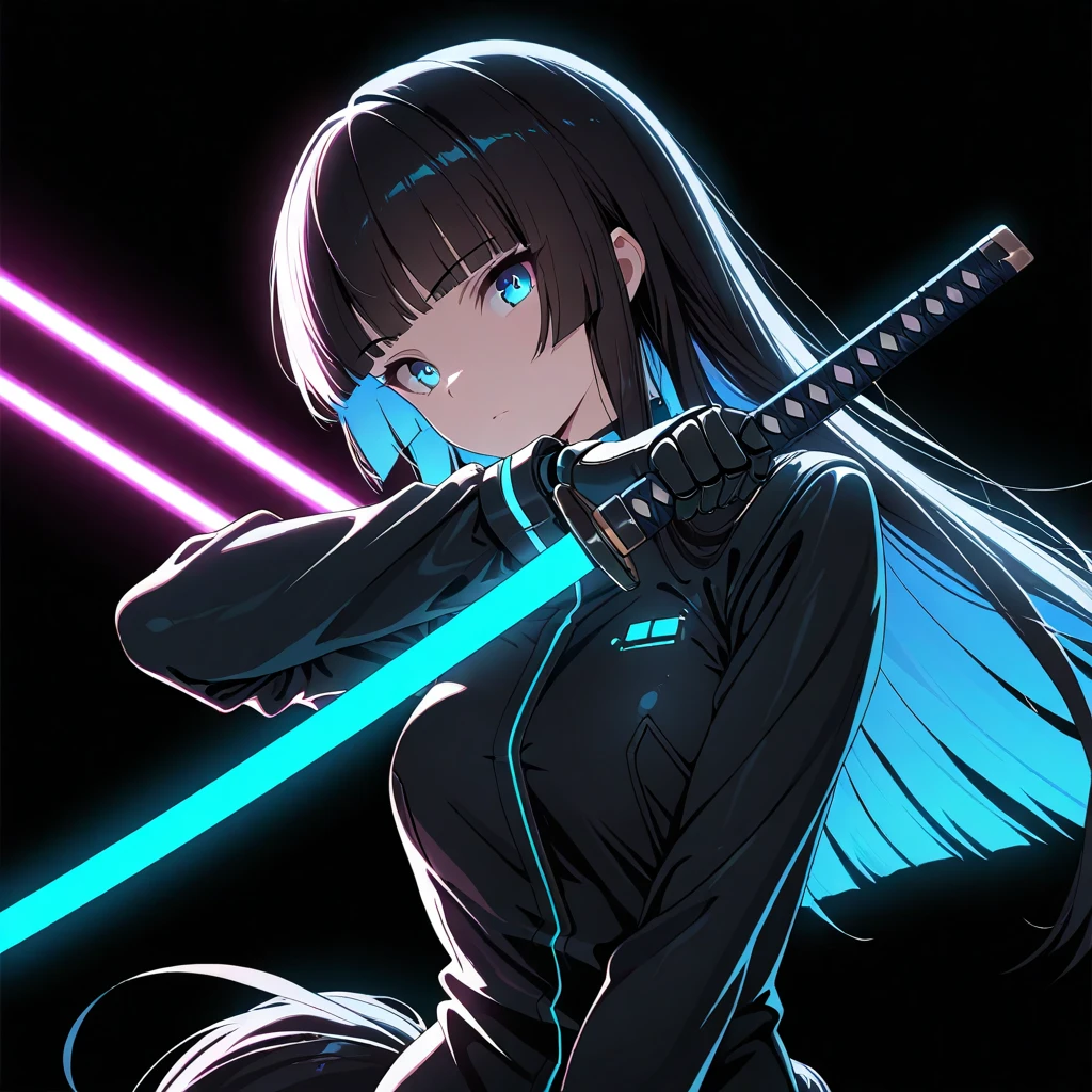 masterpiece,  top quality ,  great quality,  Character Focus ,  minimalist,  Side Angle ,  upper body, hime cut, Long horse tail , cybernetic ,I have Katana, pose,dynamic angle,  focus on face ,  viewers, Backlight,  one side light ,round background ,   with blue neon light,  black background