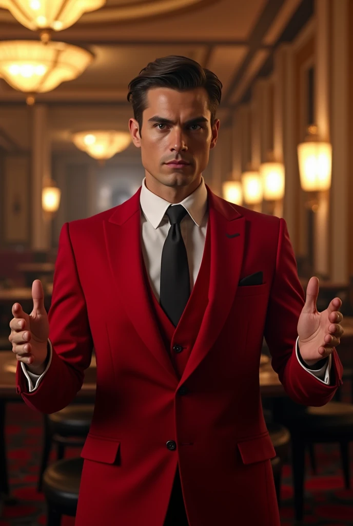 masterpiece, highquality, smiling, opened eyes, mafia fancy restaurant, , GeeseHoward, detailed face, detailed eyes, shirtless, red pants, red hakana, black belt, hanging jacket, bracelets, crossed arms 1guy, solo, style-empire, 1 gir, (((an alexandra daddario as Geese howard from the king of fighters/fatal furry))) cosplay girls