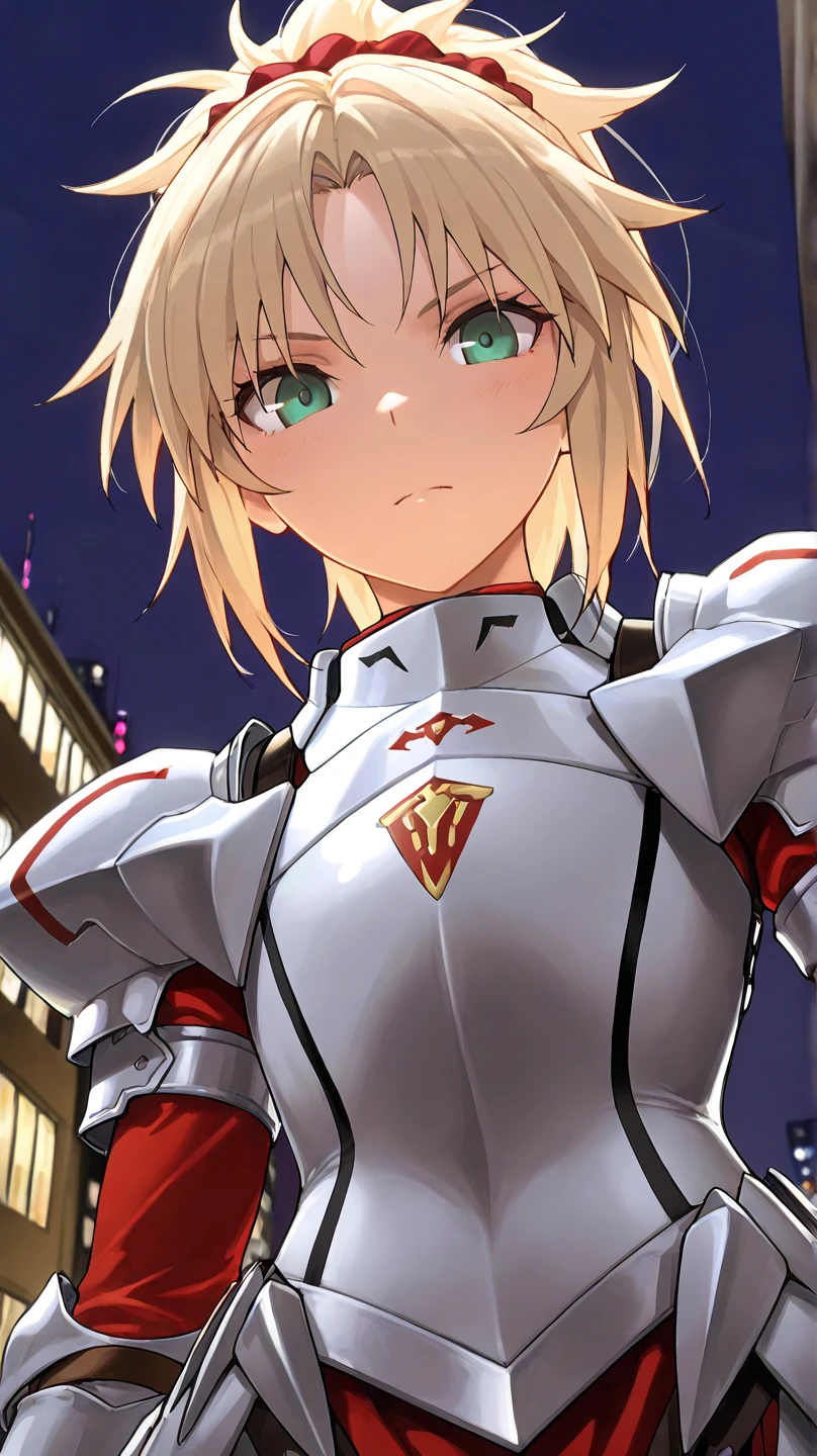 fgomordred
High quality ,  top quality , masterpiece,  high res, detailed face , anatomically correct , 
In the city, detailed face 
緑の目, green eyes,Blonde,  ponytail,  short hair, scrunchie,  red scrunchy ,  Hair Scrunchy,  flat chest, slightly toned body, a woman with a cool face , boyish woman , good-looking woman
knight's armor
Solo ,  1 girl,  from your hand and direct your gaze,  close-up,The face is facing directly in front of the viewer
angle from below, lower angle 