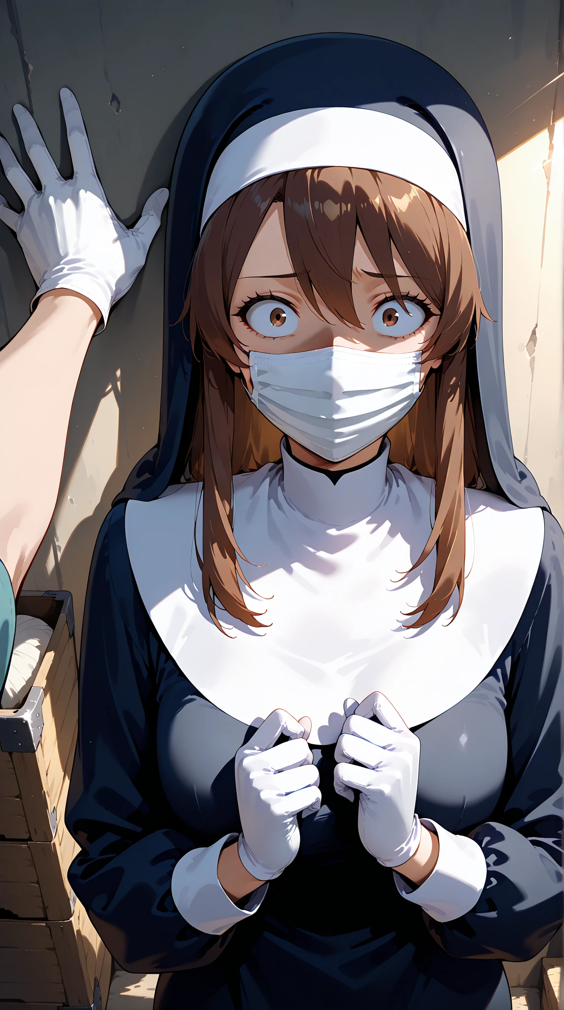 Anime-style character, source_anime, neolight, backlighting, light rays, 1girl, adult woman, beautiful, best perfect anatomy, A pale anime mature woman, nun (black nun habit, white glove, wearing white surgical mask), 1 woman, lonely, deep brown eyes, long hair, deep brown hair, straight hair, waist length hair, bangs, Pretty Face, cute, anime girl with Surprise face, Constricted pupils, depressing face, scared, traumatized, Fear, shaded face, looking a view, scared poses, medium Up, Single Shot, Shooting from the person, kabedon, pov hands (background : medieval storage room, very small space),