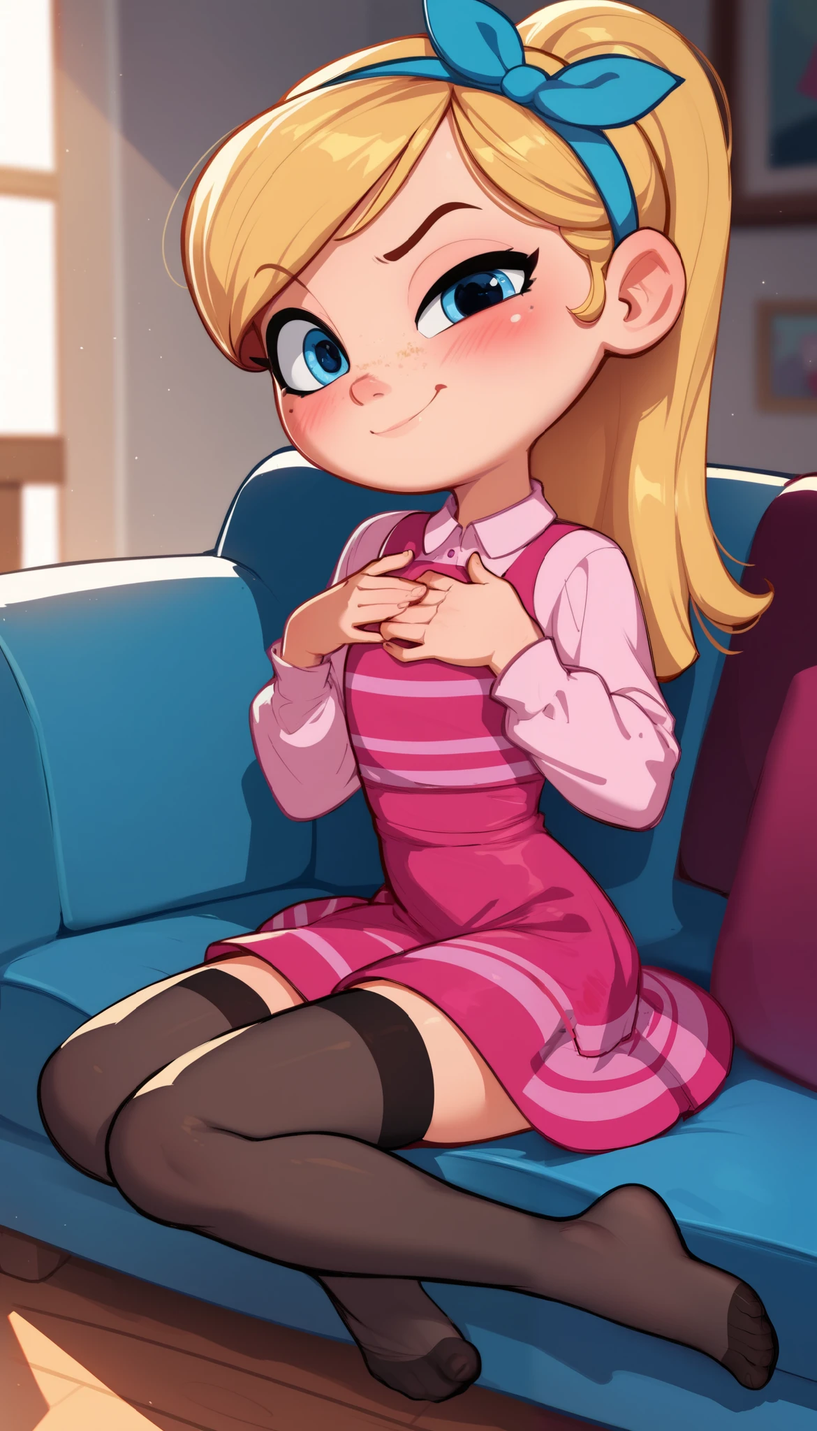 1girl, full body, solo, young girl, 9- , penny peterson, long hair, blue eyes, freckles, blonde hair, skirt, hairband, cyan ribbon, ponytail, black sexy stockings, pink dress, long sleeves, no shoes, score_9, score_8_up, score_7_up, score_6_up, score_5_up, sitting, sofa, sitting up, indoors, looking at you, facing you, smug expression, one eyebrow raised, one hand on chest, exaggerated blushing, red face, blush lines, soft lighting, flat chest, hands covering chest