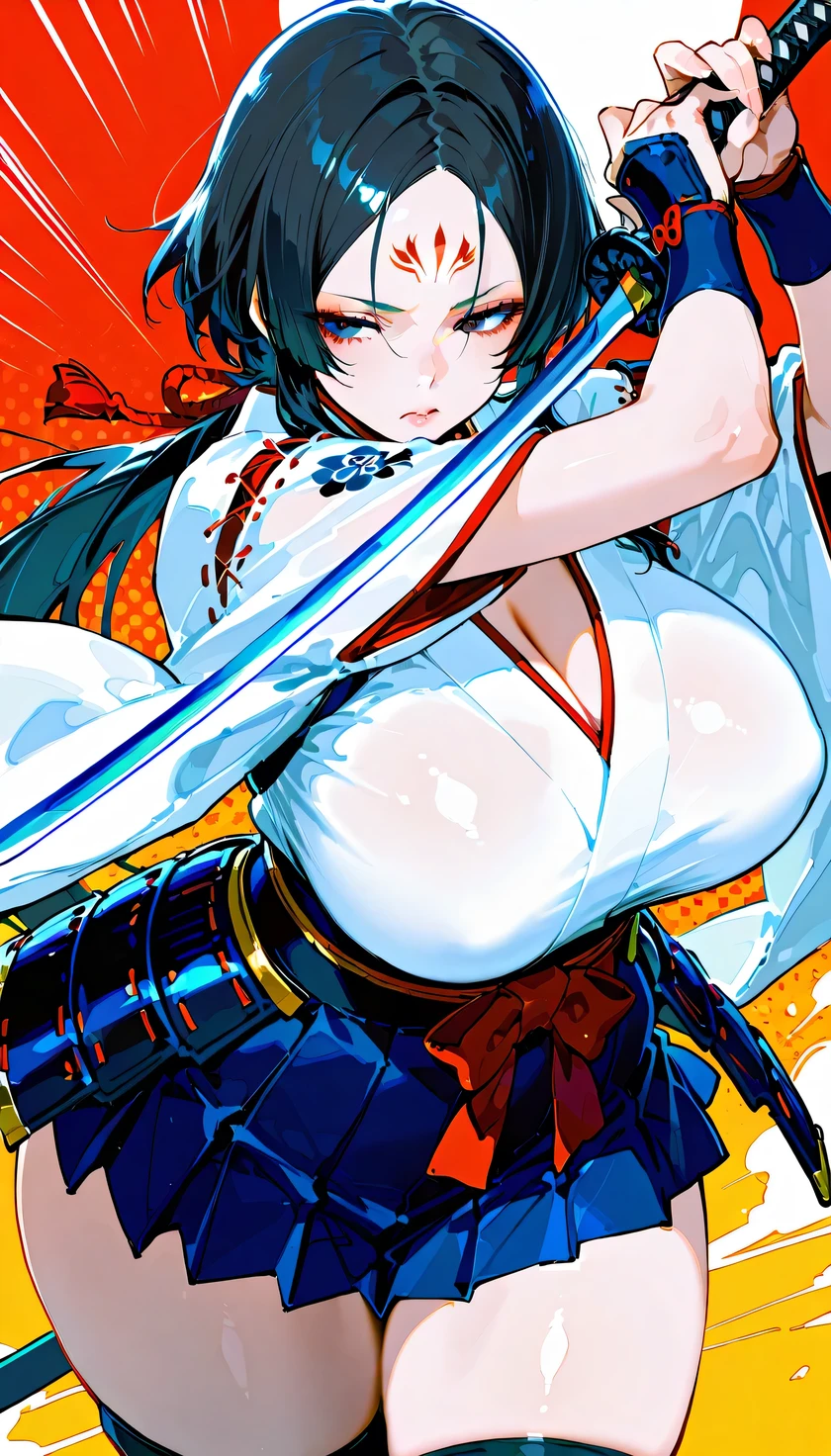 score_9, score_8_ up, score_7_ up,( High Quality , high res), black hair, Straight and long, [[ separate them in the middle ]], Forehead,( Japanese Armor ,Chest), white kimono,  black miniskirt, knee socks, Big Breasts, Dark Eyes, Close eyes , ( curvy body to hide fingers), holding a sword , During combat,(( cowboy shot)) simplePositiveXLv2