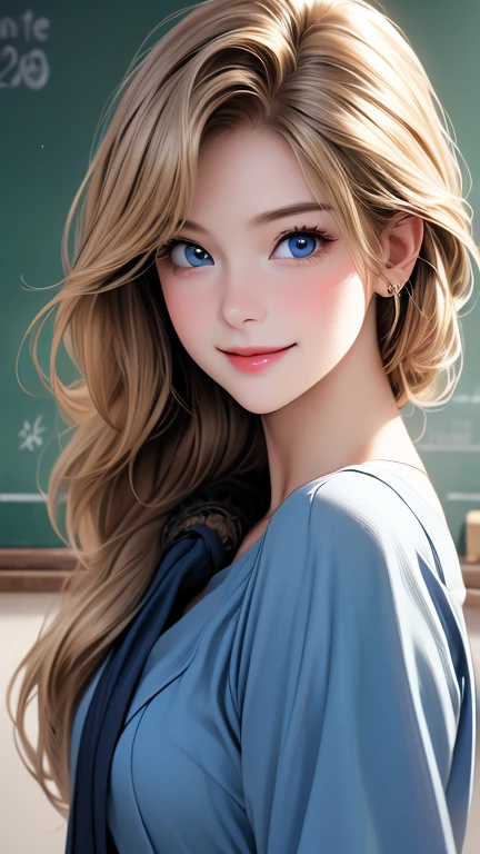   super high res  、  top quality 、masterpiece:1.2、Realistic headshot，  Beautiful woman alone in a school building  、２9 、  school teacher  、 blondes、  blue eyes、Navy Suit、  School classroom、   cute pose 、  blackboard  、smile、(( Only the upper body is depicted ))、((  female close-up  ))