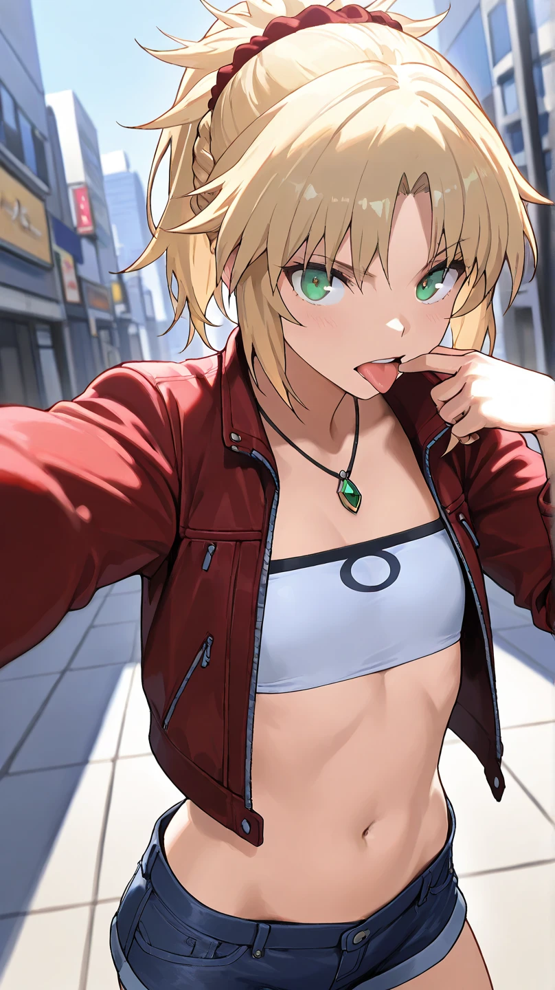 fgomordred
High quality ,  top quality , masterpiece,  high res, detailed face , anatomically correct , 
In the city, detailed face 
緑の目,Blonde,  ponytail,  short hair, scrunchie,  red scrunchy ,  Hair Scrunchy,  flat chest, slightly toned body, a woman with a cool face , boyish woman ,cool woman

The short denim , デニム  shorts,  jacket, gem, midriff, belly button,  necklace, red  jacket, short  shorts,  shorts,  tube top , white top,

solo,  1 girl,  from your hand and direct your gaze, , face is directly in front of the viewer
Open your mouth slightly, tongue, I'm staring for a moment
The low angle , angle from below while changing clothes
