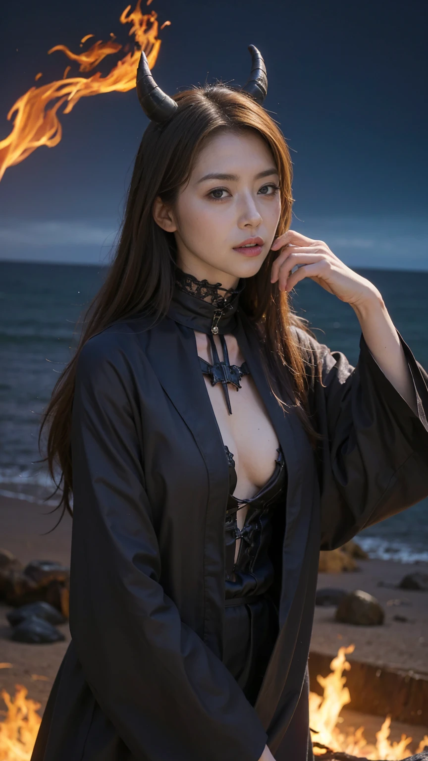 solo,  high res, accurate, masterpiece,  anatomically correct ,  top quality ,  Ultra Fine,  textured skin , woman、4K、 perfect style、(( Fantasy World)),Demon of Hell、Black Devil's Clothes 、 sexy、 slender body at the excited beach、(( gothic makeup )), ((( The background is a hellish wilderness where flames rise ))),  they are walking towards here、(( Wears a Fire Cloak )), (( black horns growing )),