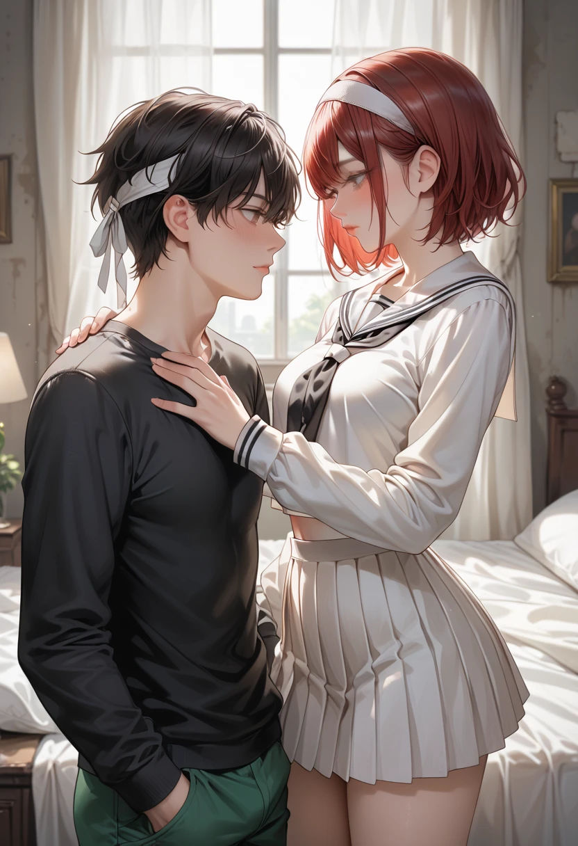  white sailor suit,  Long Sleeve ,  white short pleated skirt,  big black ribbon on chest ,  Abandoned Bedroom, red short hair,  The girl is wearing a white headband,  Tall Girl , medium breasts, standing, looking at another, girl is drunk, Lift the skirt by herself, Green underwear