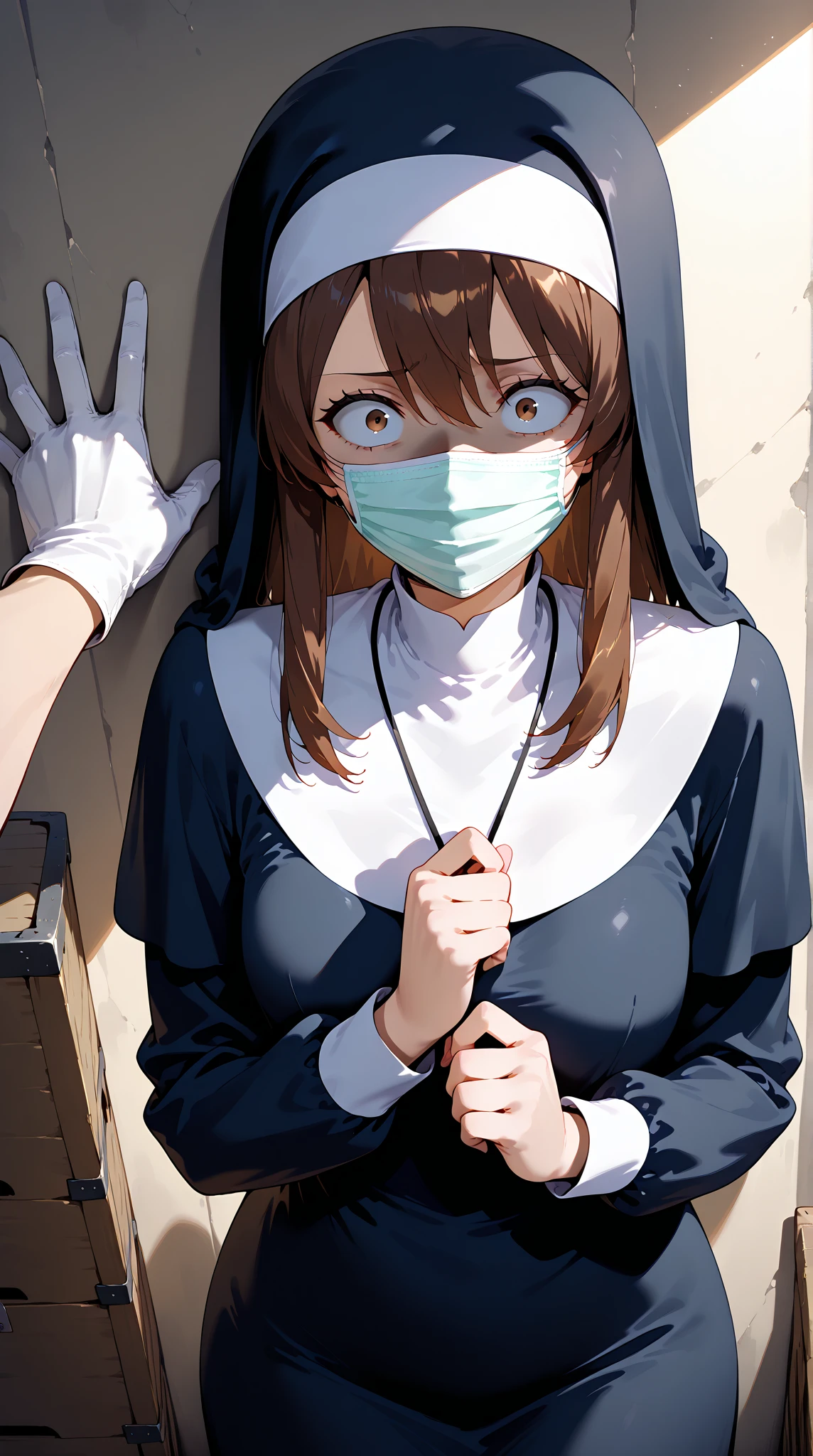 Anime-style character, source_anime, neolight, backlighting, light rays, 1girl, adult woman, beautiful, best perfect anatomy, A pale anime mature woman, nun (black nun habit, cross necklace, white glove, wearing white surgical mask), 1 woman, lonely, deep brown eyes, long hair, deep brown hair, straight hair, waist length hair, bangs, Pretty Face, cute, anime girl with Surprise look, Constricted pupils, depressing face, scared, traumatized, Fear, shaded face, looking a view, scared poses, medium Up, Single Shot, Shooting from the person, kabedon, pov hands (background : medieval storage room, very small space),