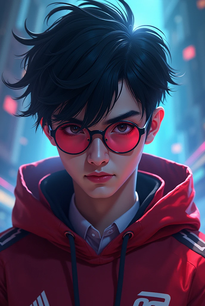 A  boy wearing red jacket with spectacles with hacker background and written captain